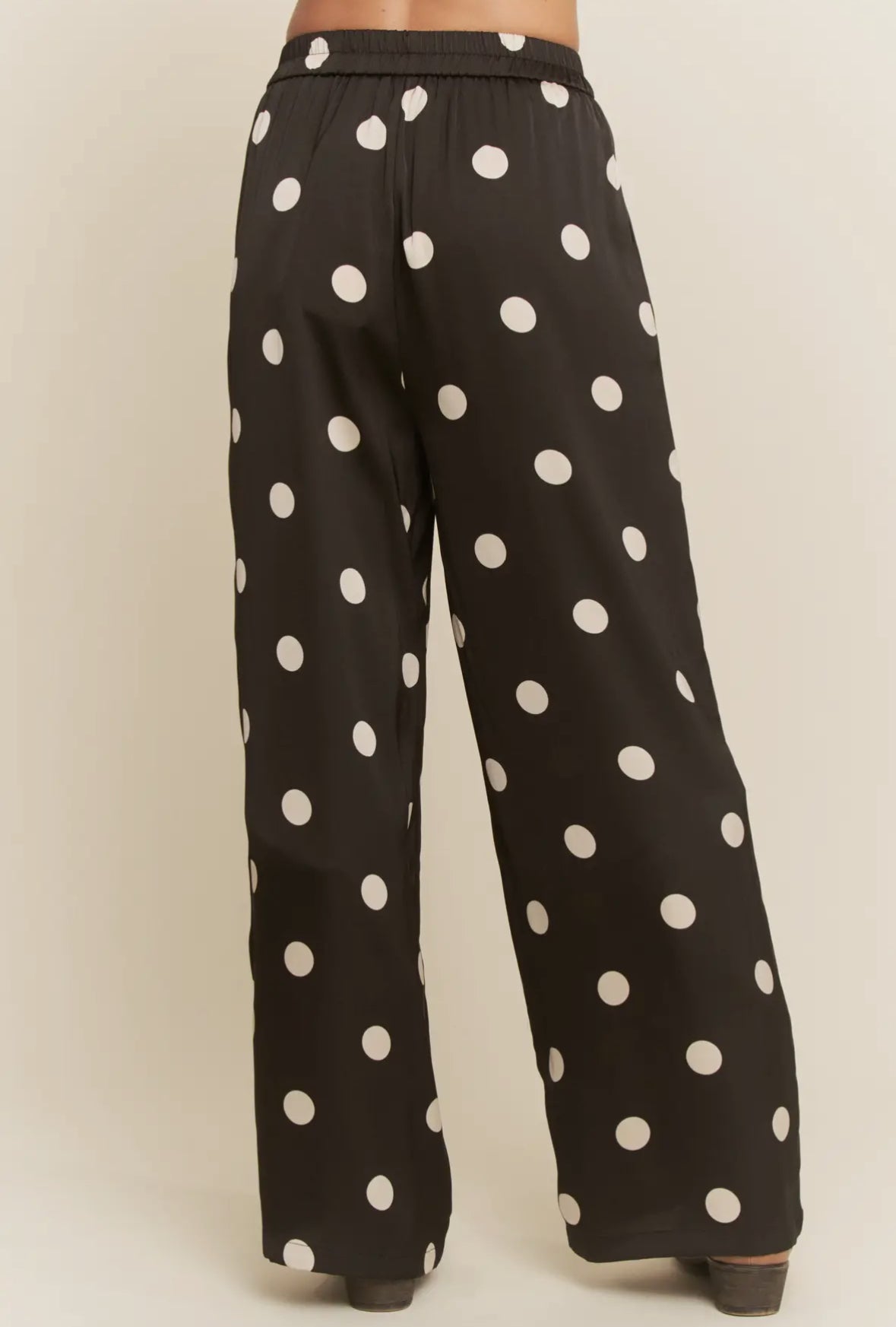 Wide Leg Satin Polka Dot Pants, Black w/ White Dots