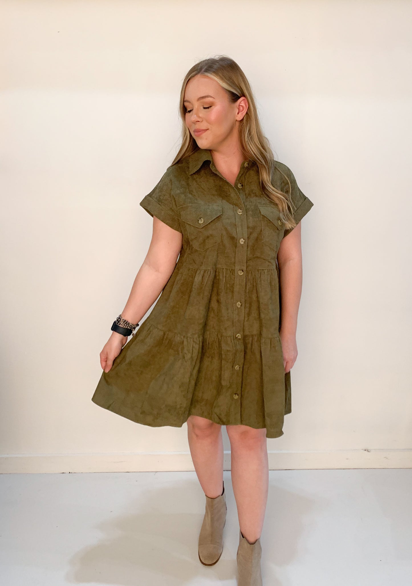 Chelsea Tiered Corduroy Button Down Dress, Olive