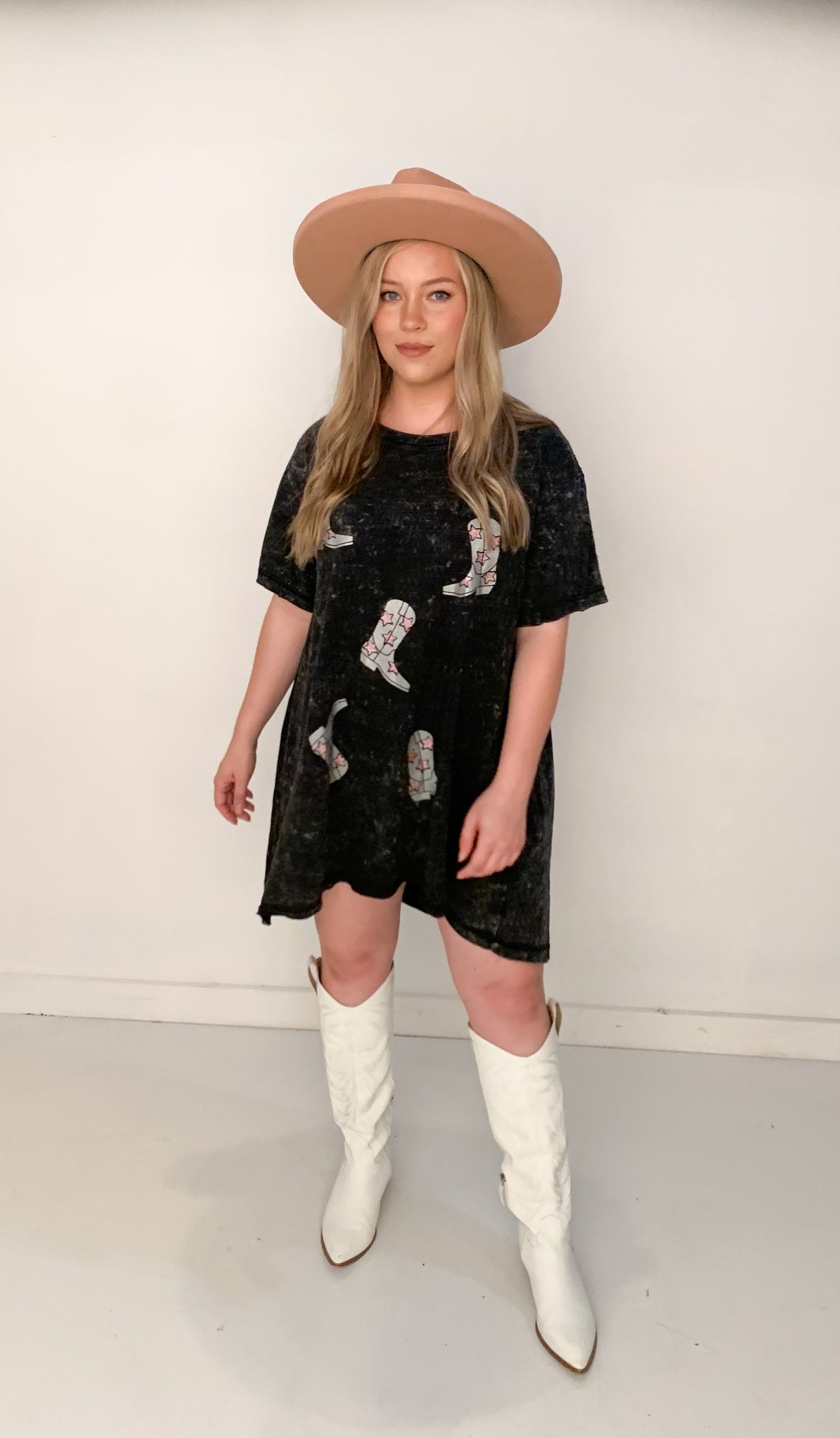 Metallic Cowboy Boot Mineral Wash Tee Shirt Dress, Black