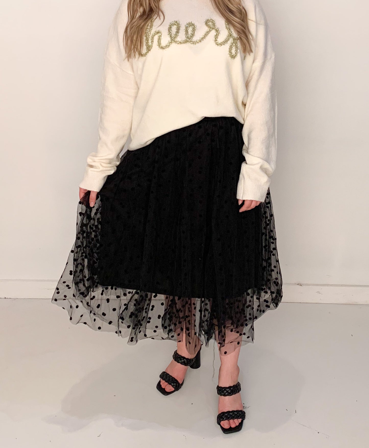 Yulee Polka Dot Layered Tulle Midi Skirt, Black