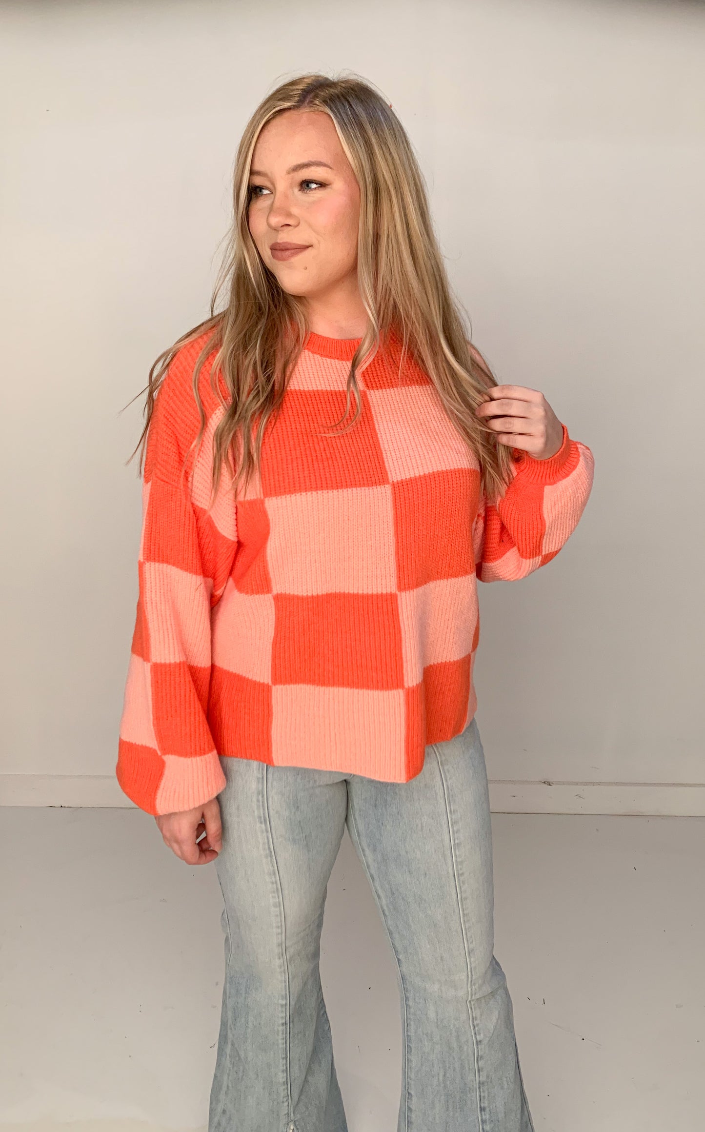 Modern Groove Checkered Sweater, Orange Apricot
