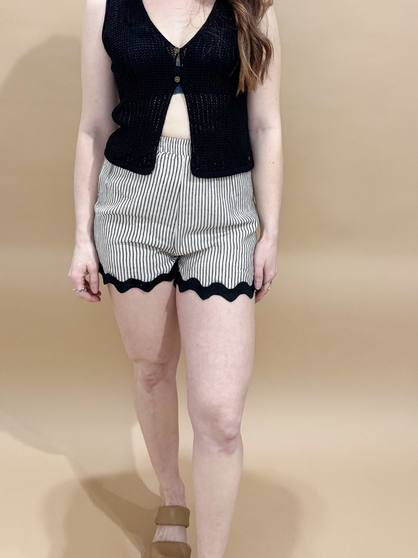 Kallissa Stripe Wave Hem Trim High Waist Shorts, Khaki / Black (matching set)