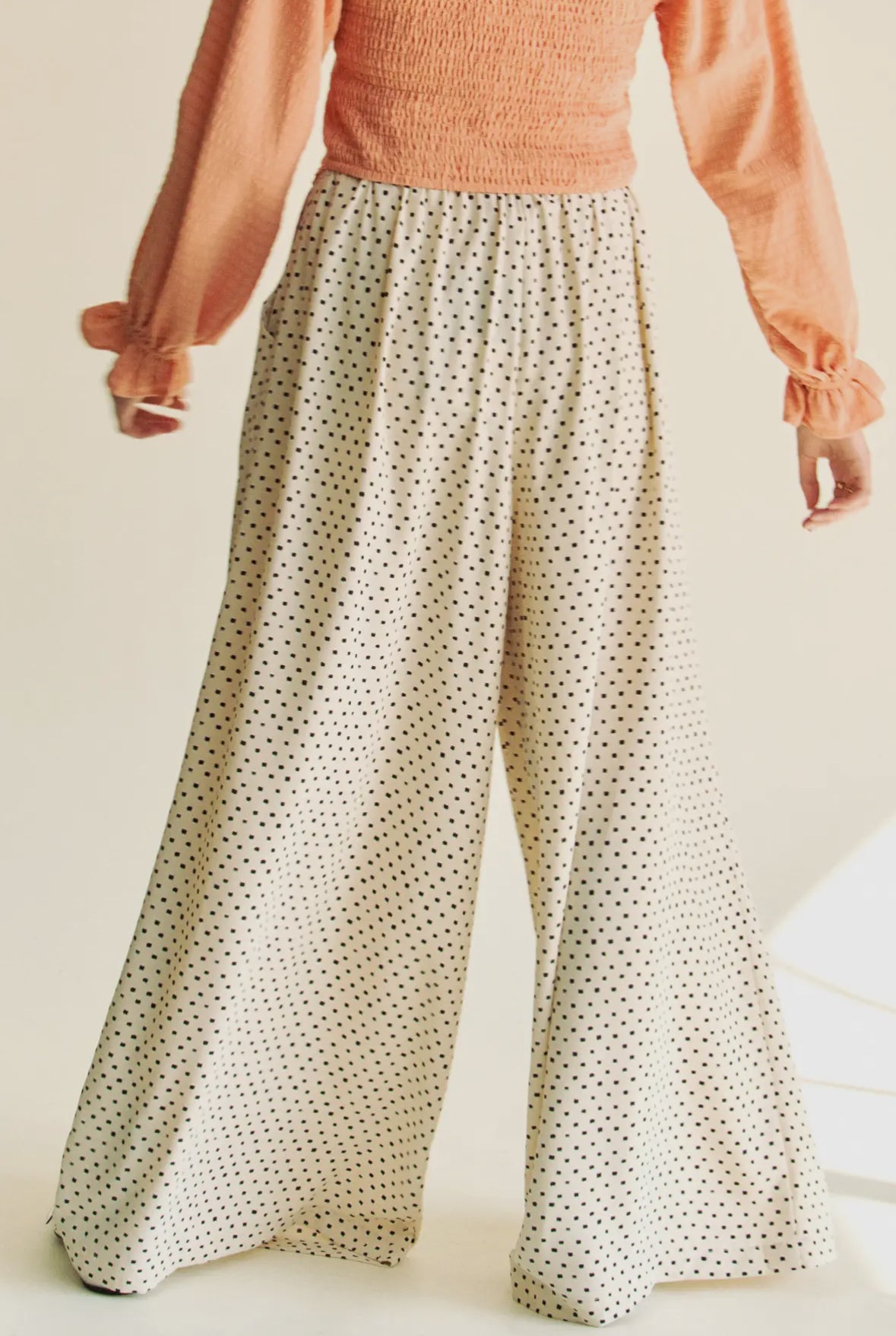 Cassi Pleated Wide Leg Polka Dot Pants, Natural