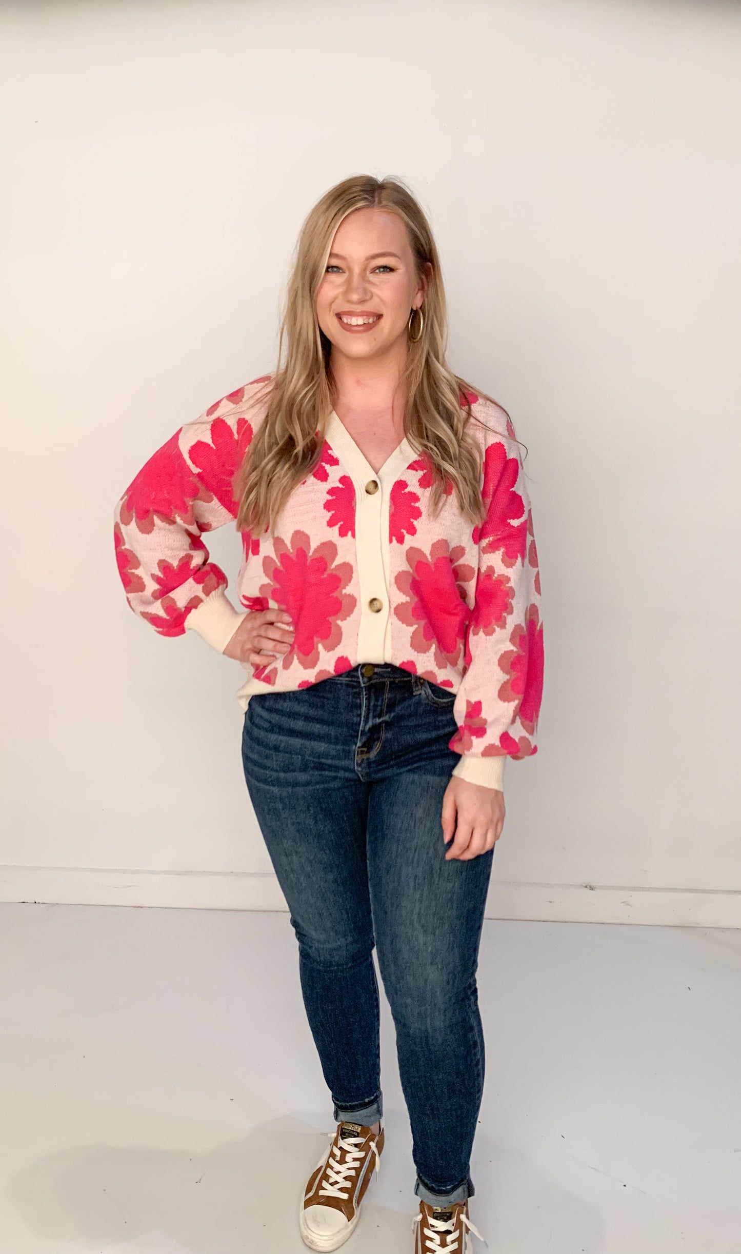 Groovy Button Up Floral Cardigan, Pink