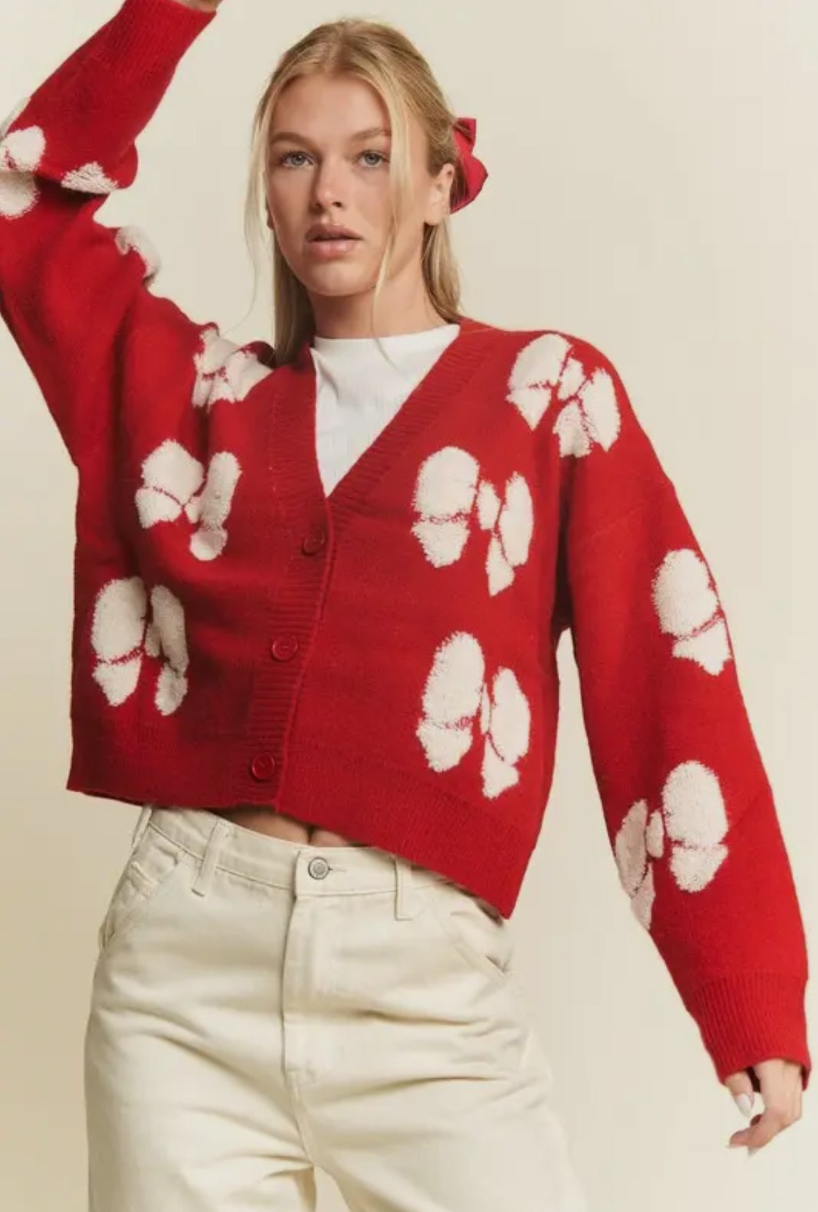 Mrs. Claus Ribbon Pattern Loose Cropped Cardigan, Red