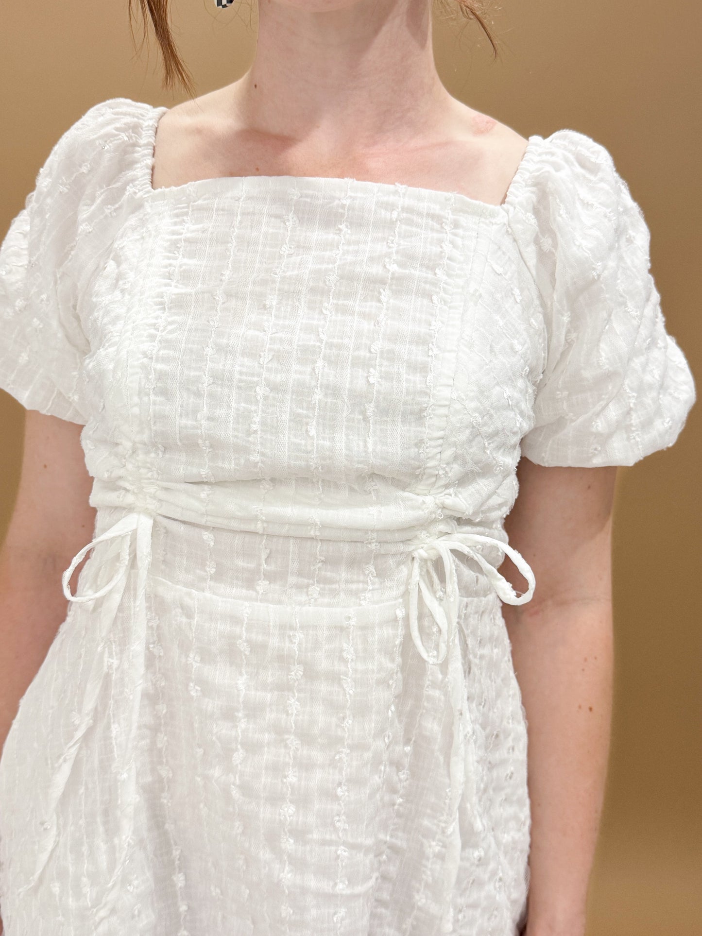 Lila Textured Square Neck Cinched Bust Dress, White