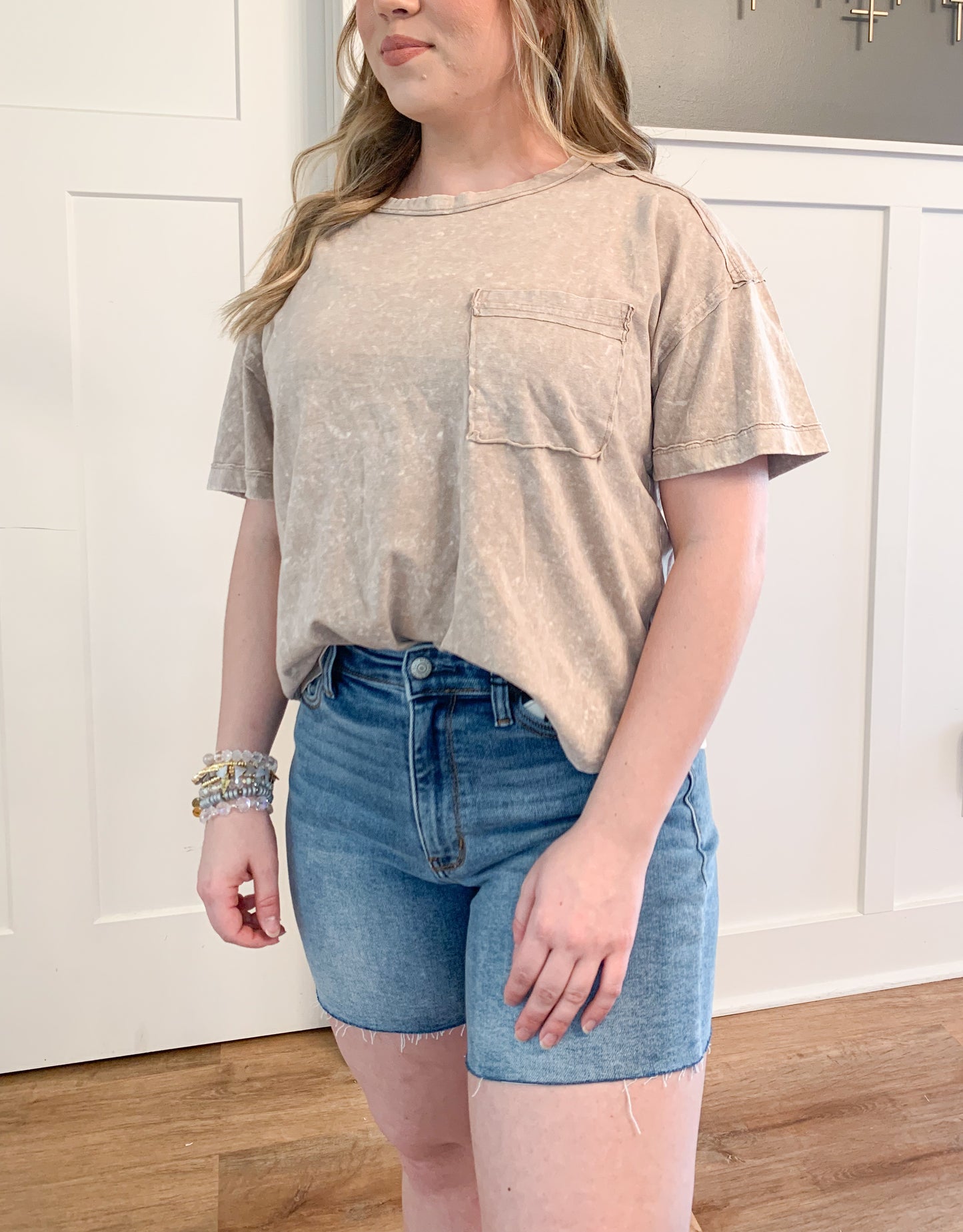 Mildred Acid Wash Pocket Tee, Taupe