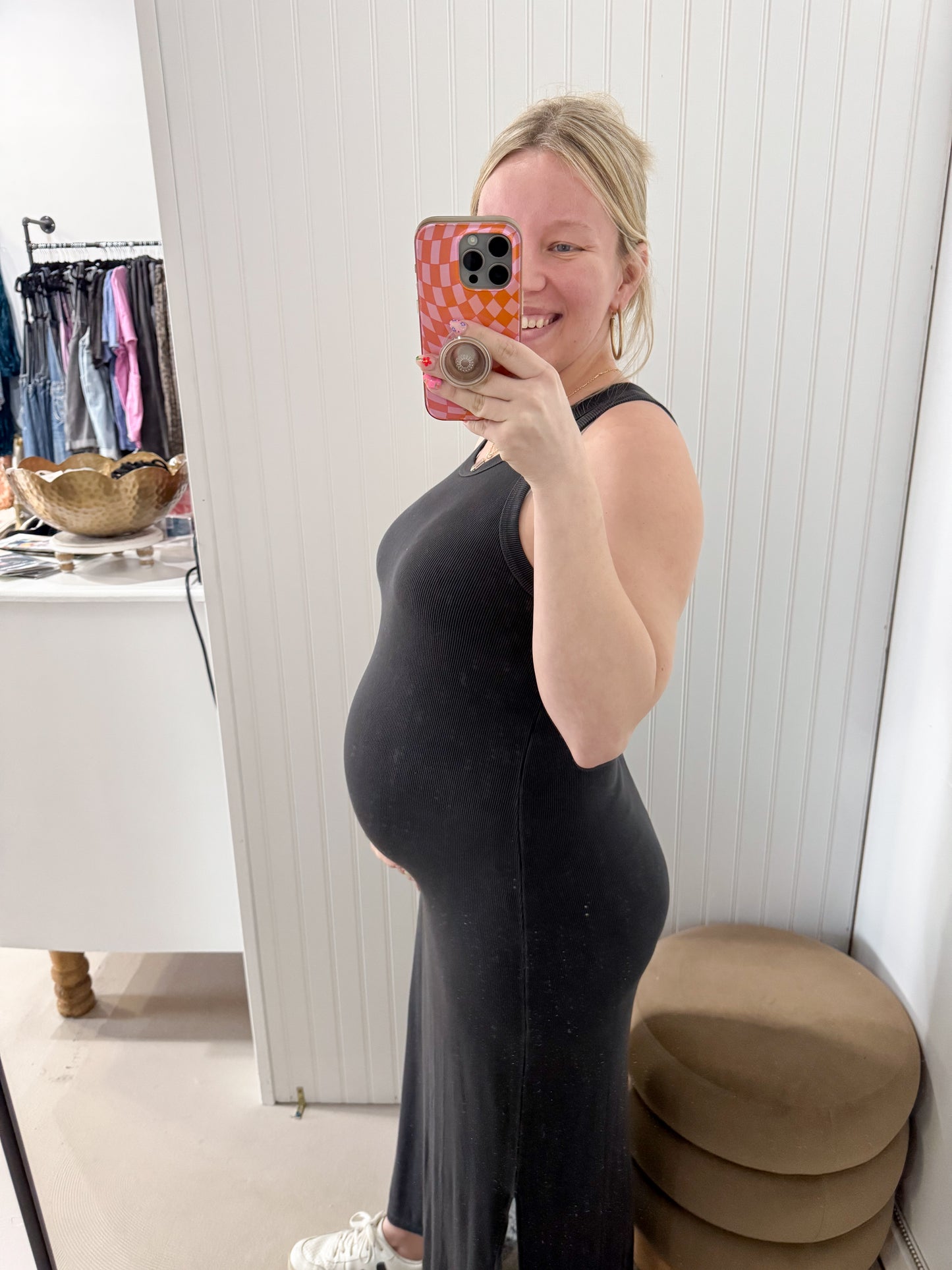 Miranda Ribbed Knit Bodycon Tank Midi Dress, Dark Charcoal