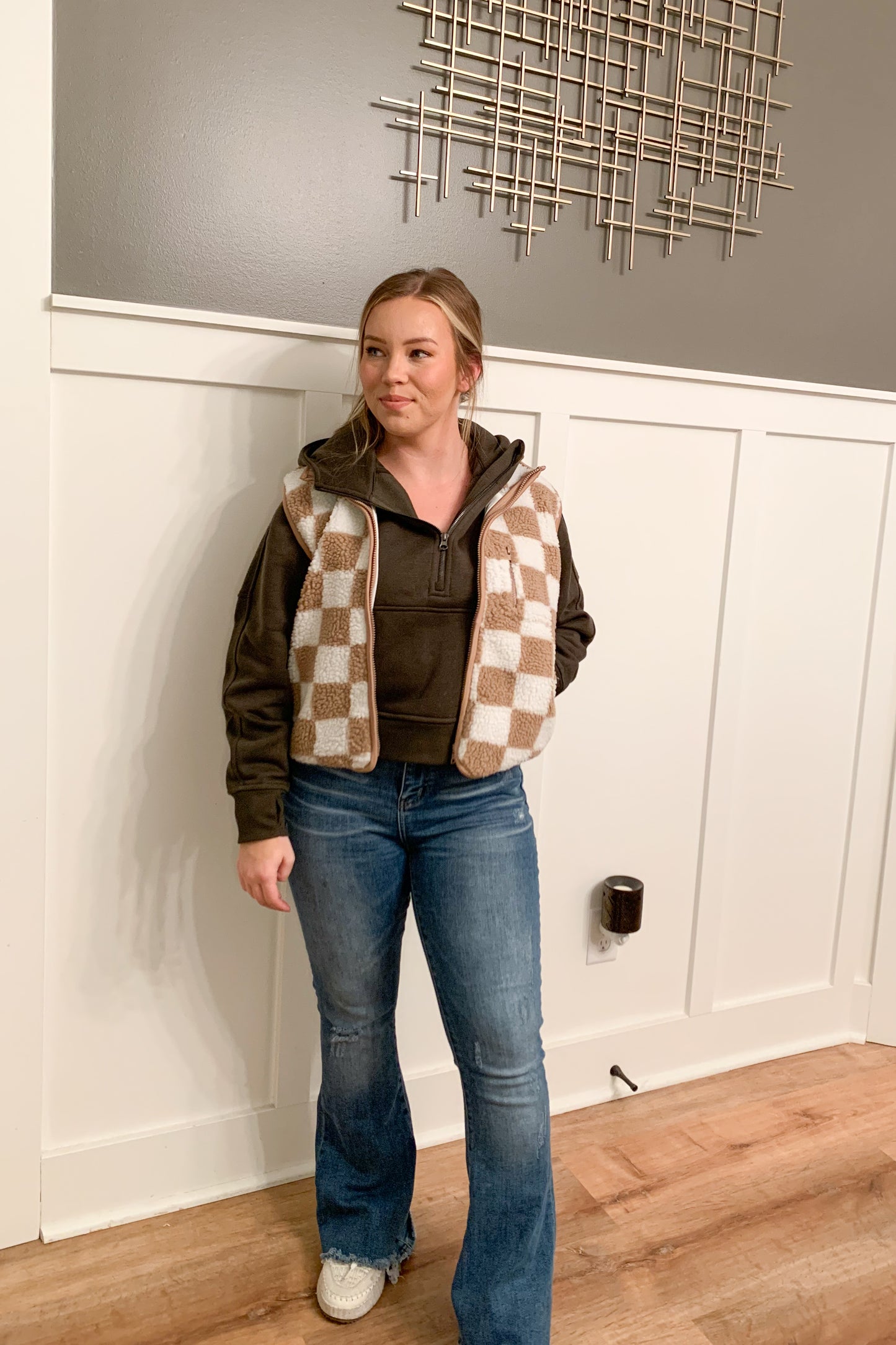 Checkered Teddy Vest, Taupe/Ivory