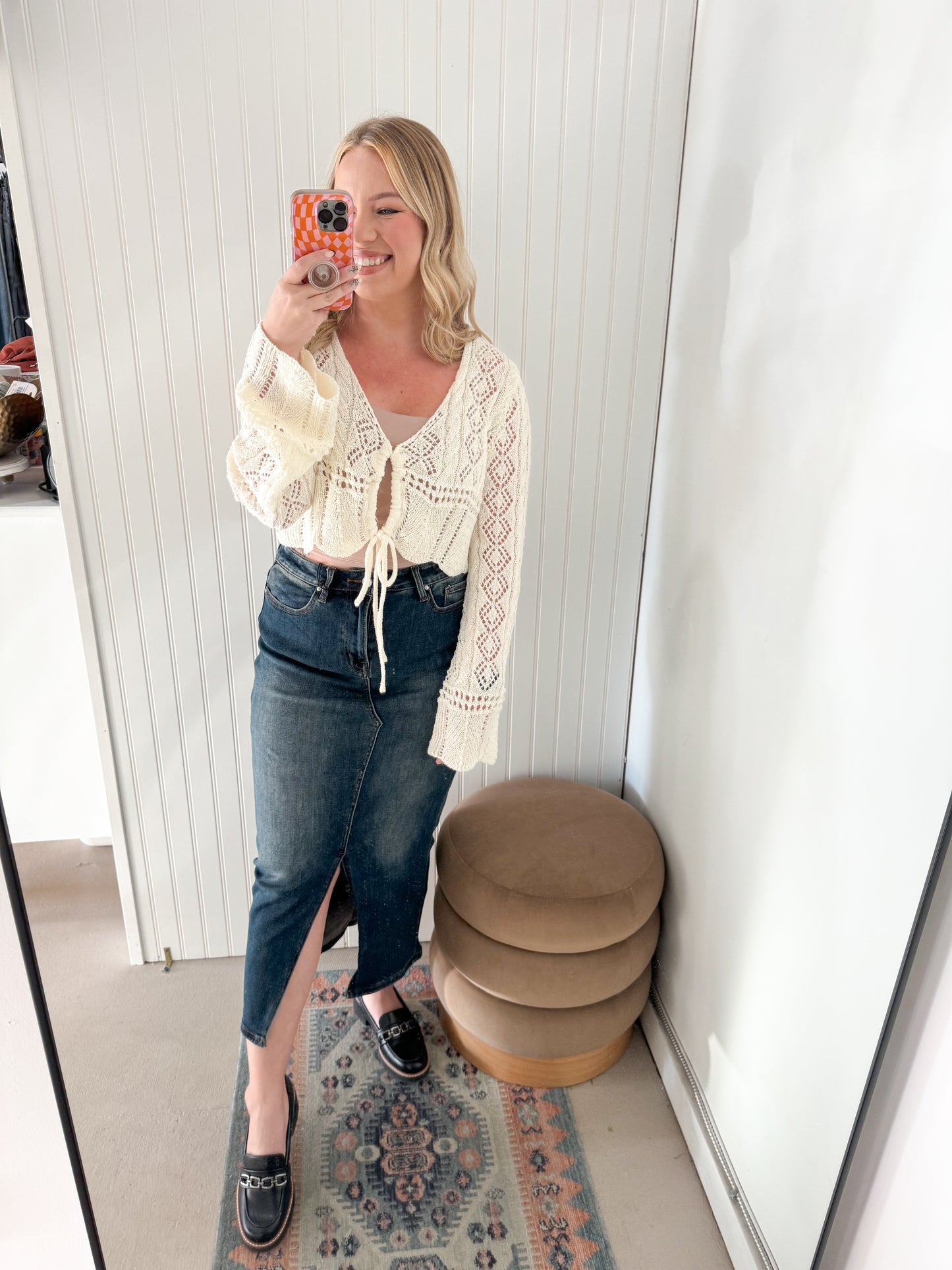 Kennedy Pointelle Crochet Crop Top, Cream