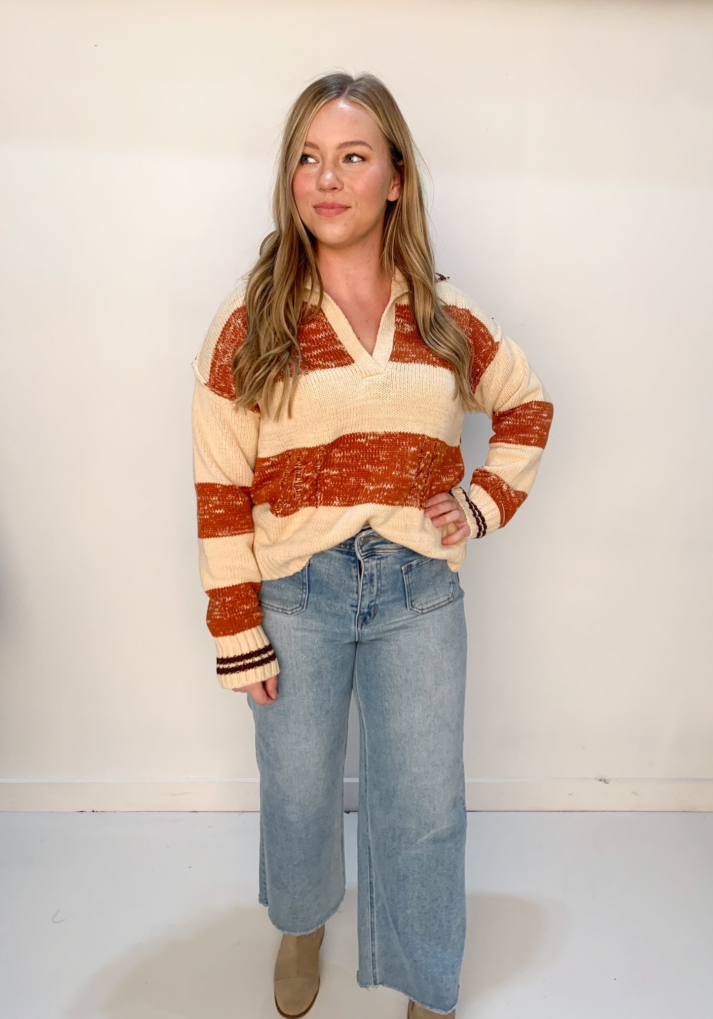 Archer Stripe Collared V-Neck Sweater, Terracotta