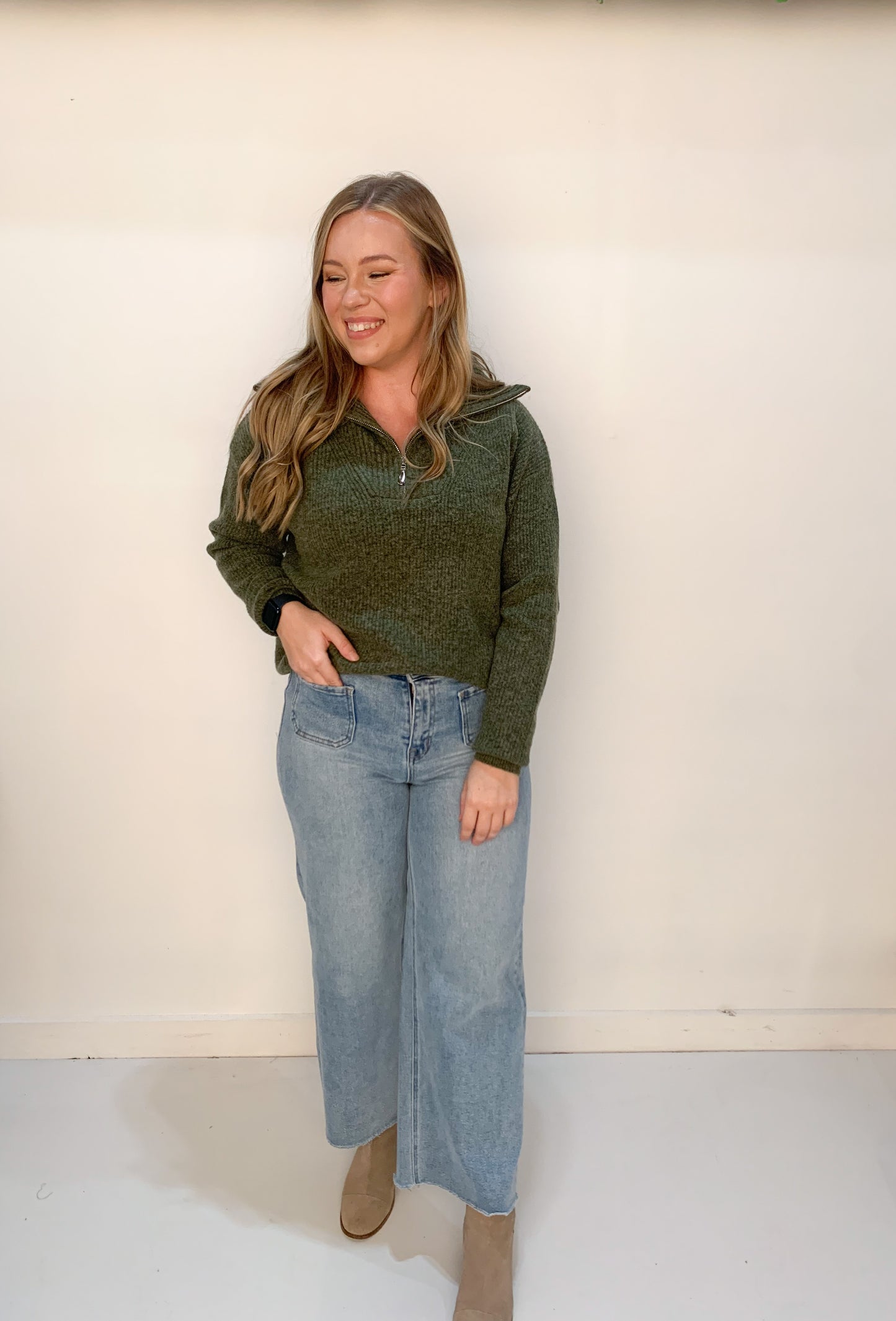 Ellen Half Zip Sweater Pullover, Olive