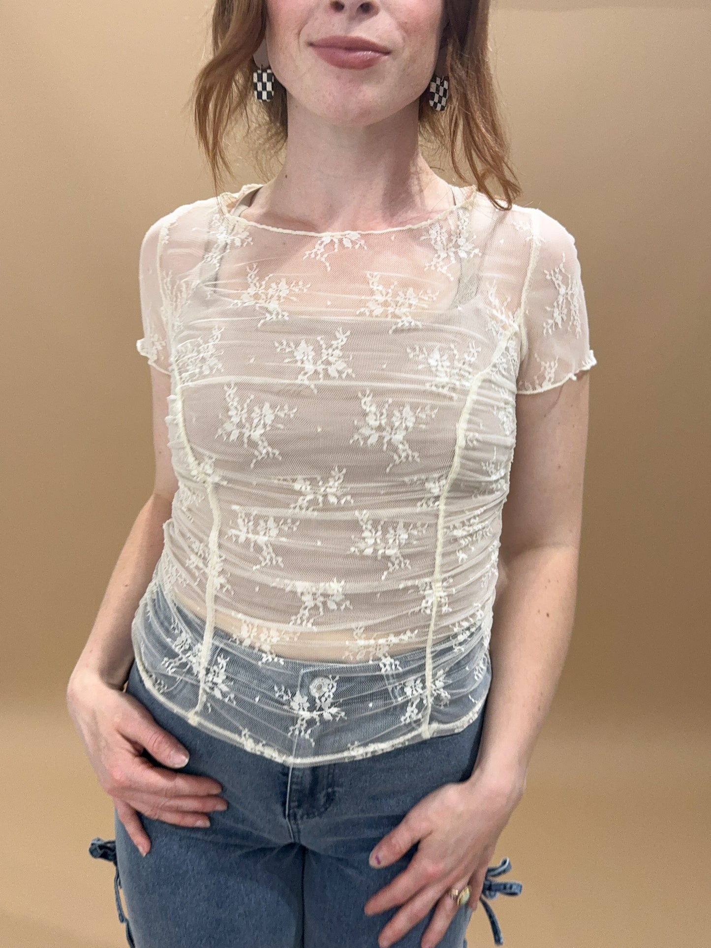 Randi Lace Cinched Fitted Short Sleeve Top, Ecru