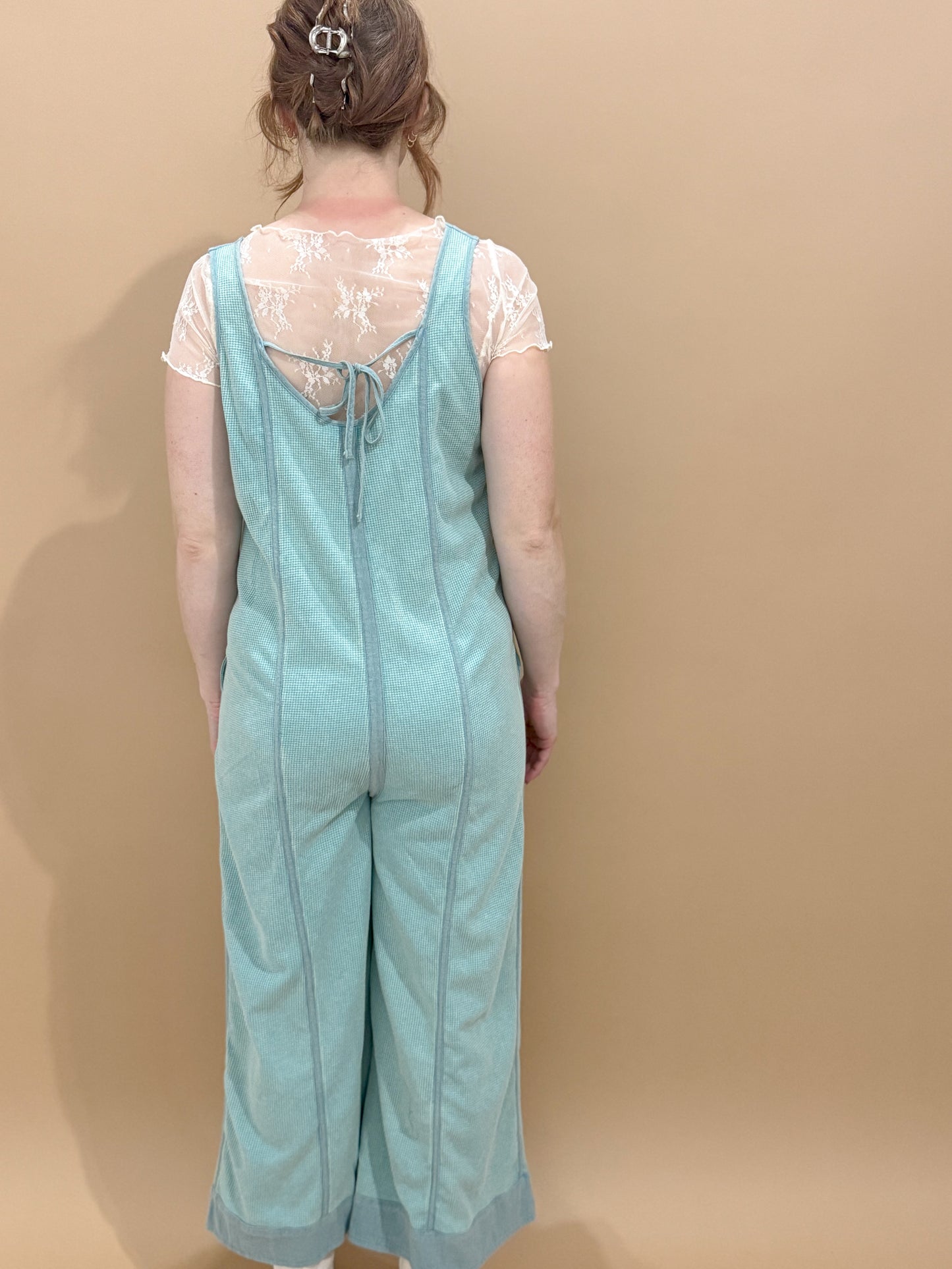 Ellen Mineral Wash Waffle Knit Jumpsuit, Blue