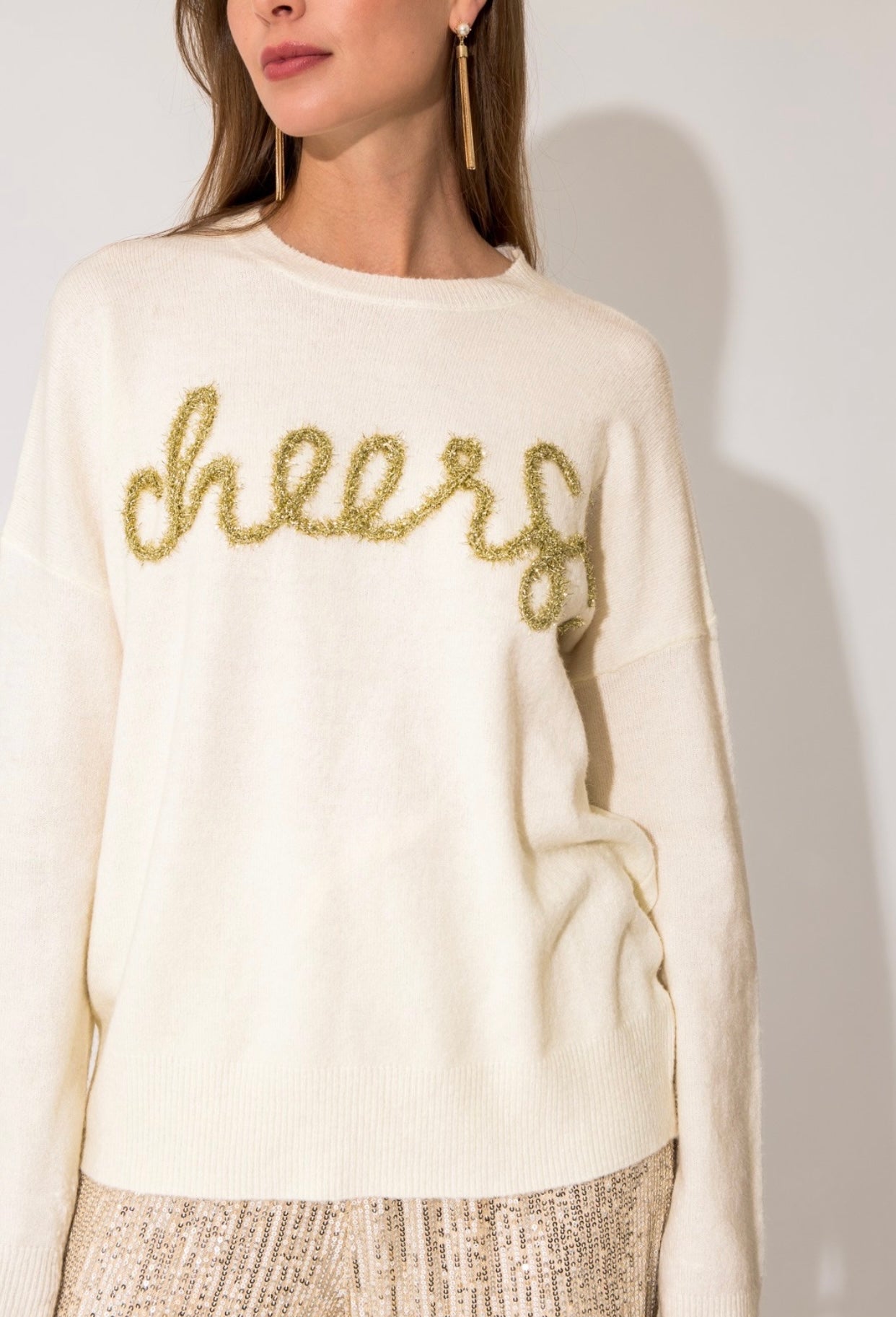 Cheers Tinsel Sweater, Cream