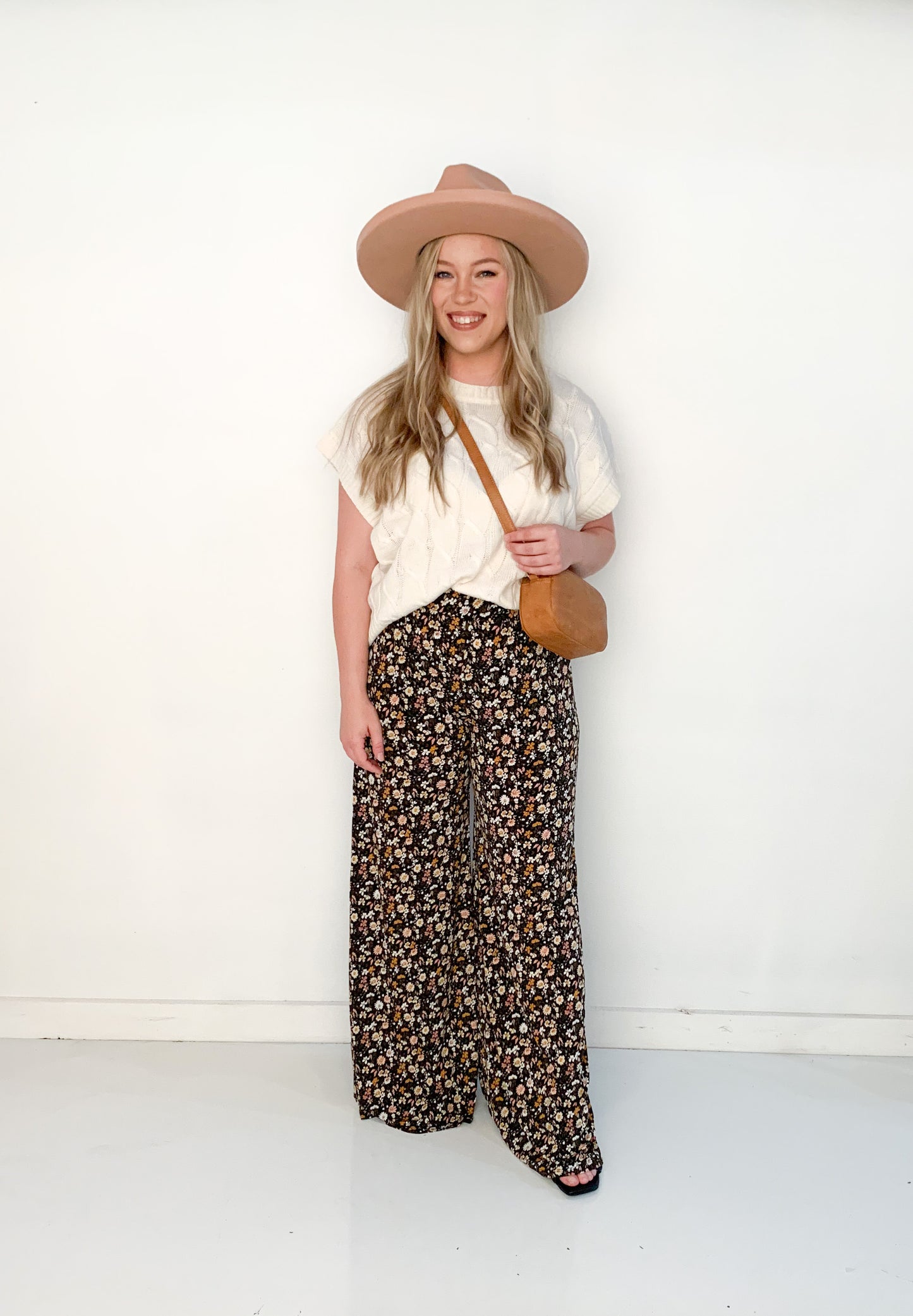 Ditzy Floral Wide Leg Pants, Black