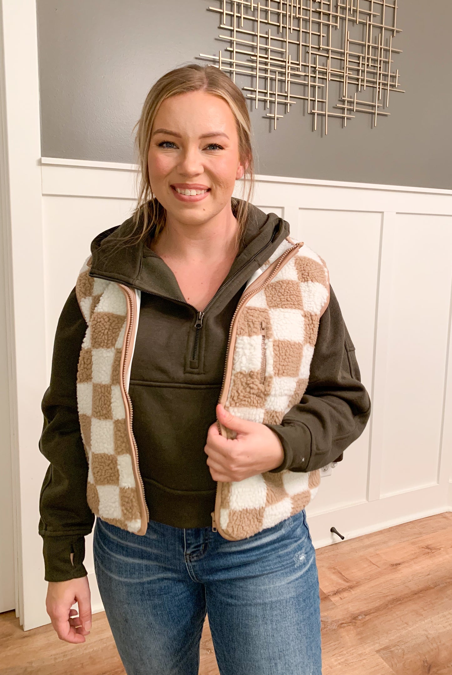 Checkered Teddy Vest, Taupe/Ivory