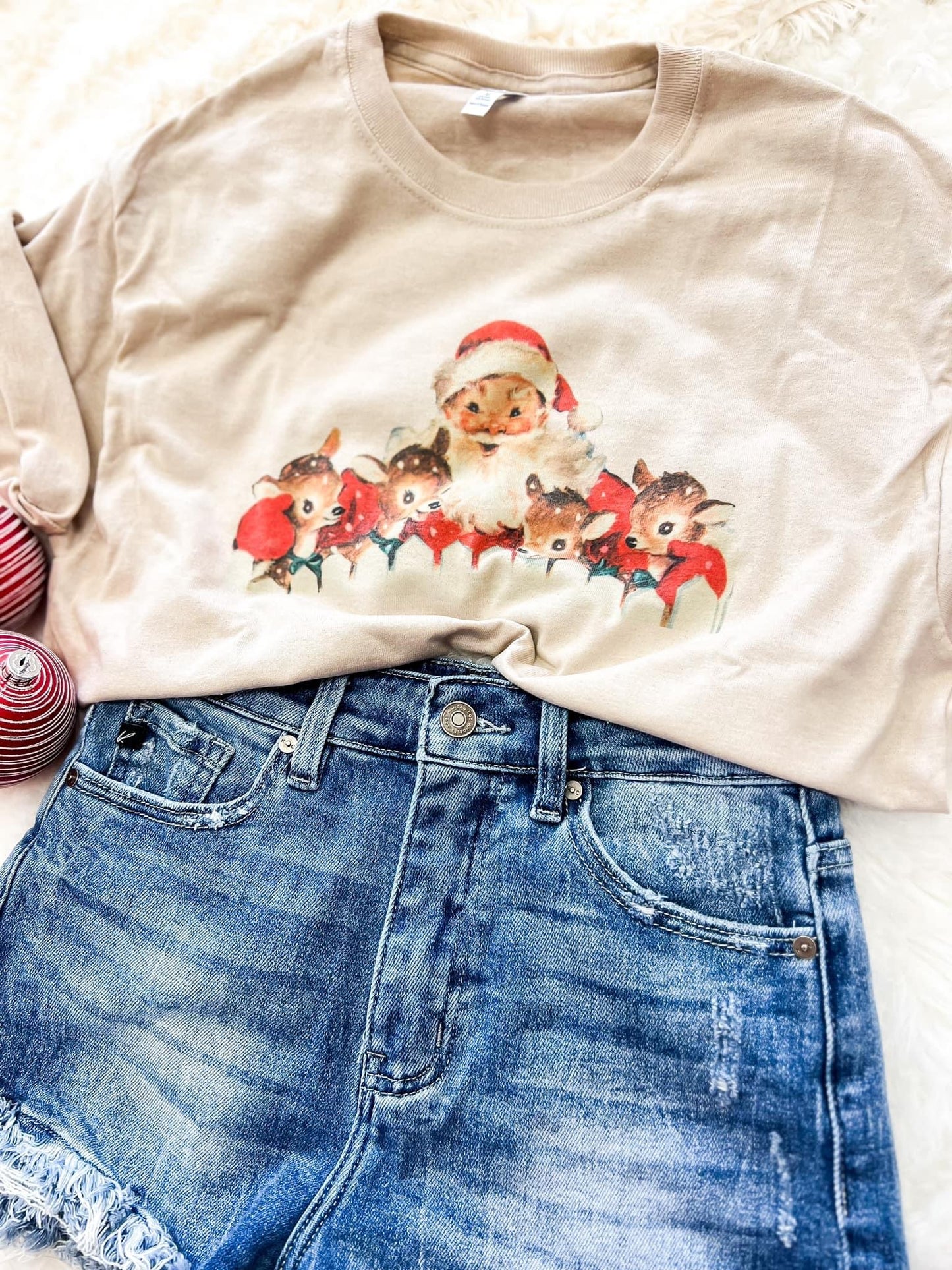 Vintage Santa and Reindeer Graphic Tee, Sand