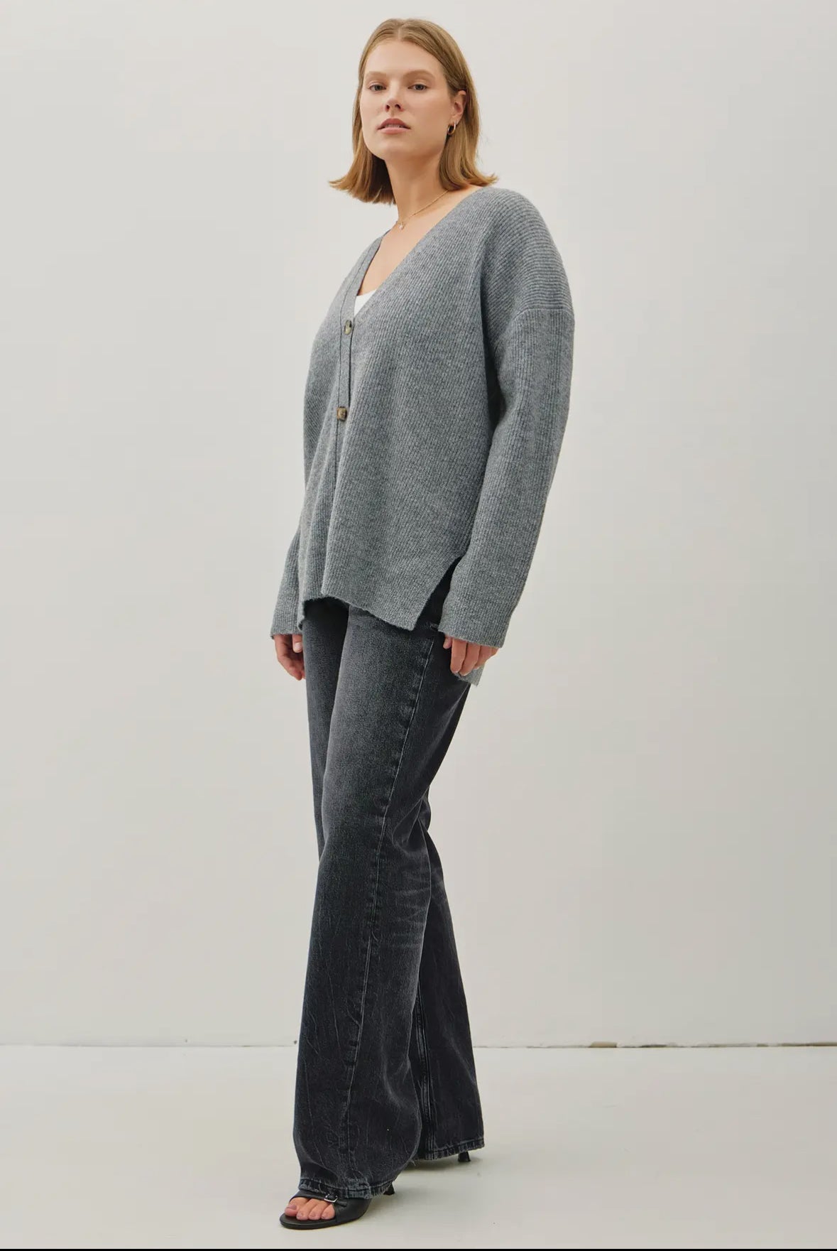 Opal V-Neck Button Down Ribbed Cardigan Plus, Charcoal