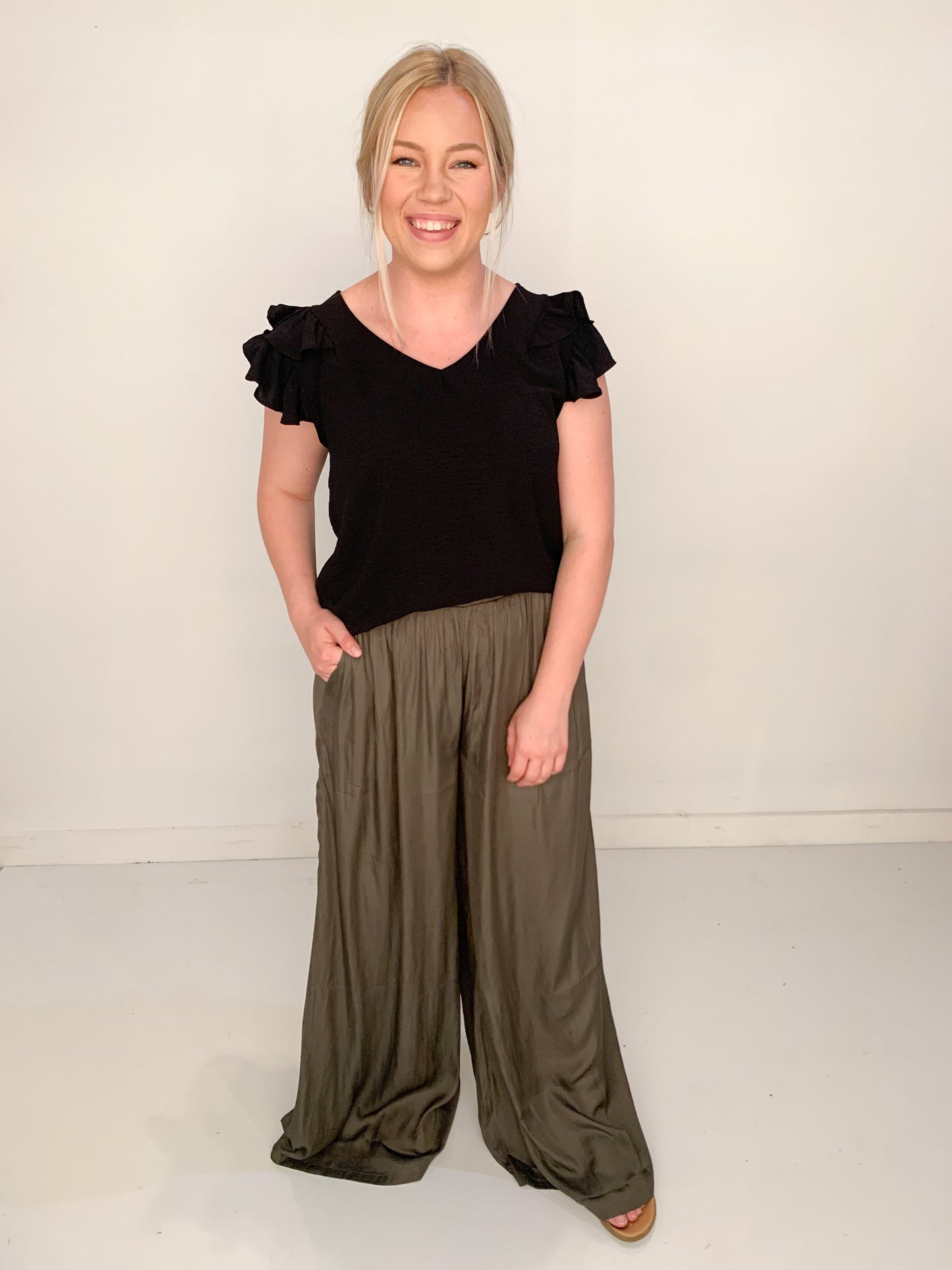 Ella Satin Palazzo Pants, Olive