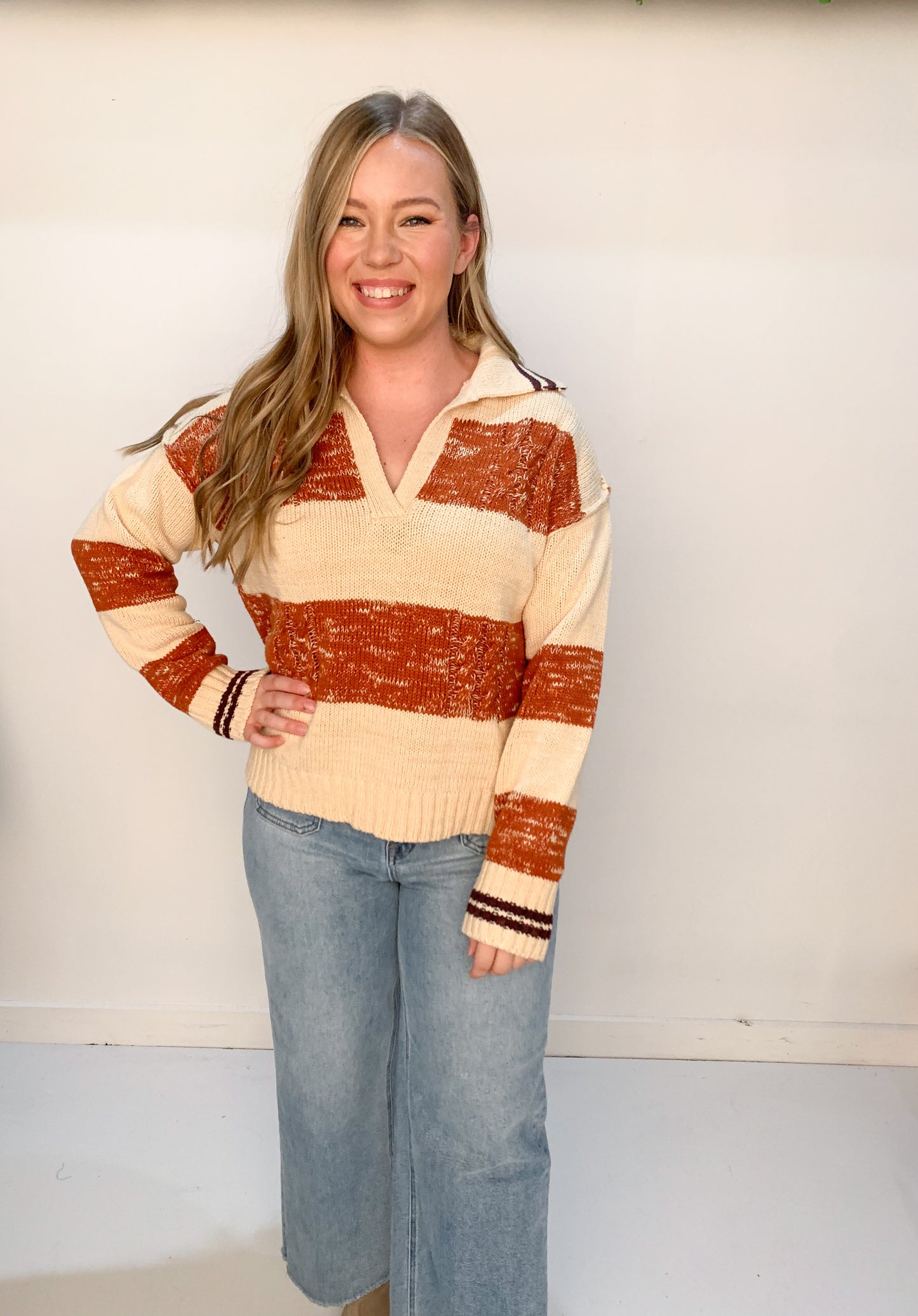 Archer Stripe Collared V-Neck Sweater, Terracotta