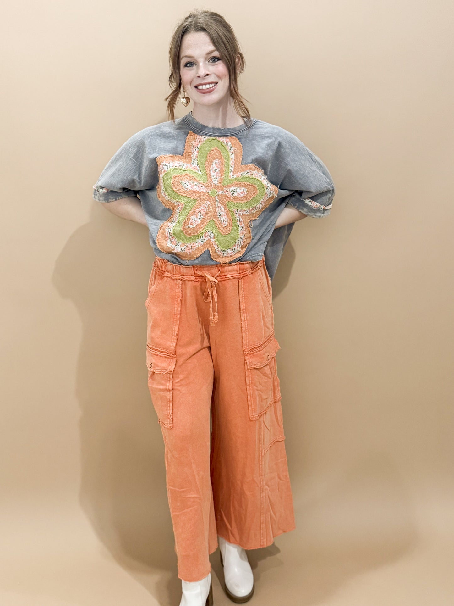 Conleigh Short Sleeve Embroidered Flower Patch Boxy Top, Slate