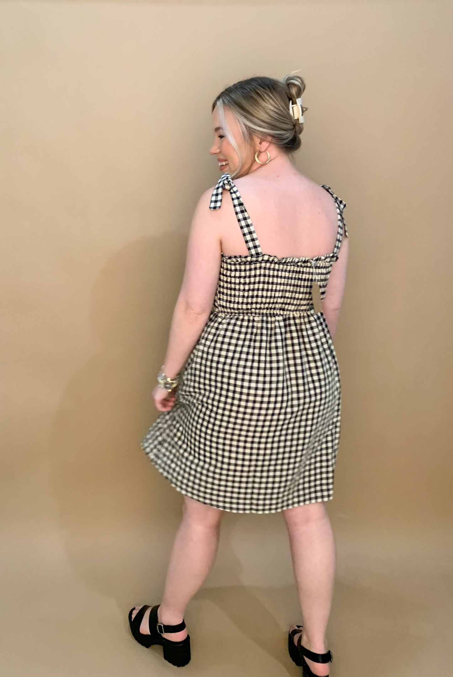 Kinley Gingham Smocked Dress, Black/Tan