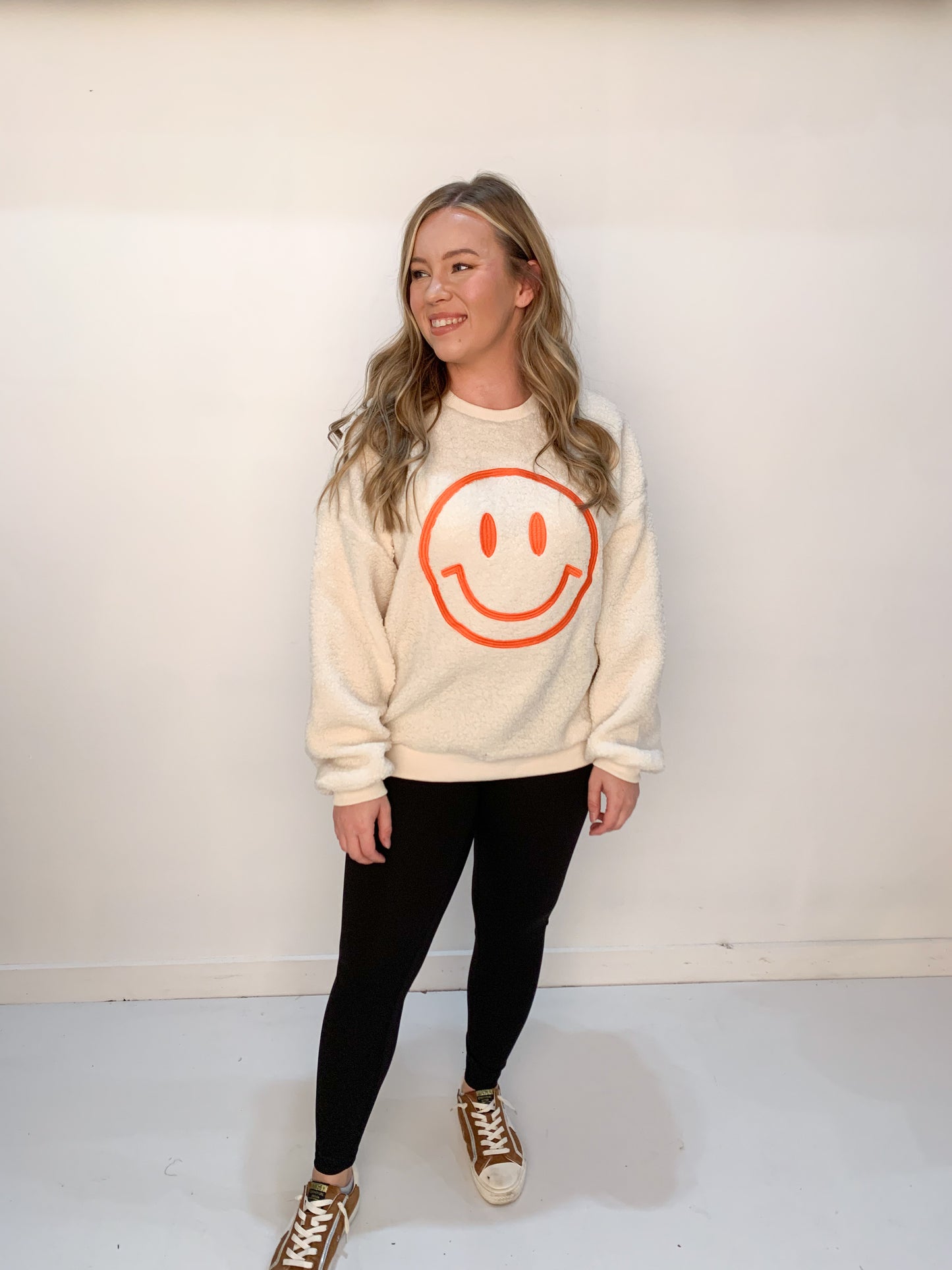 Smiley Embroidered Fleece Crewneck Sweatshirt, Cream
