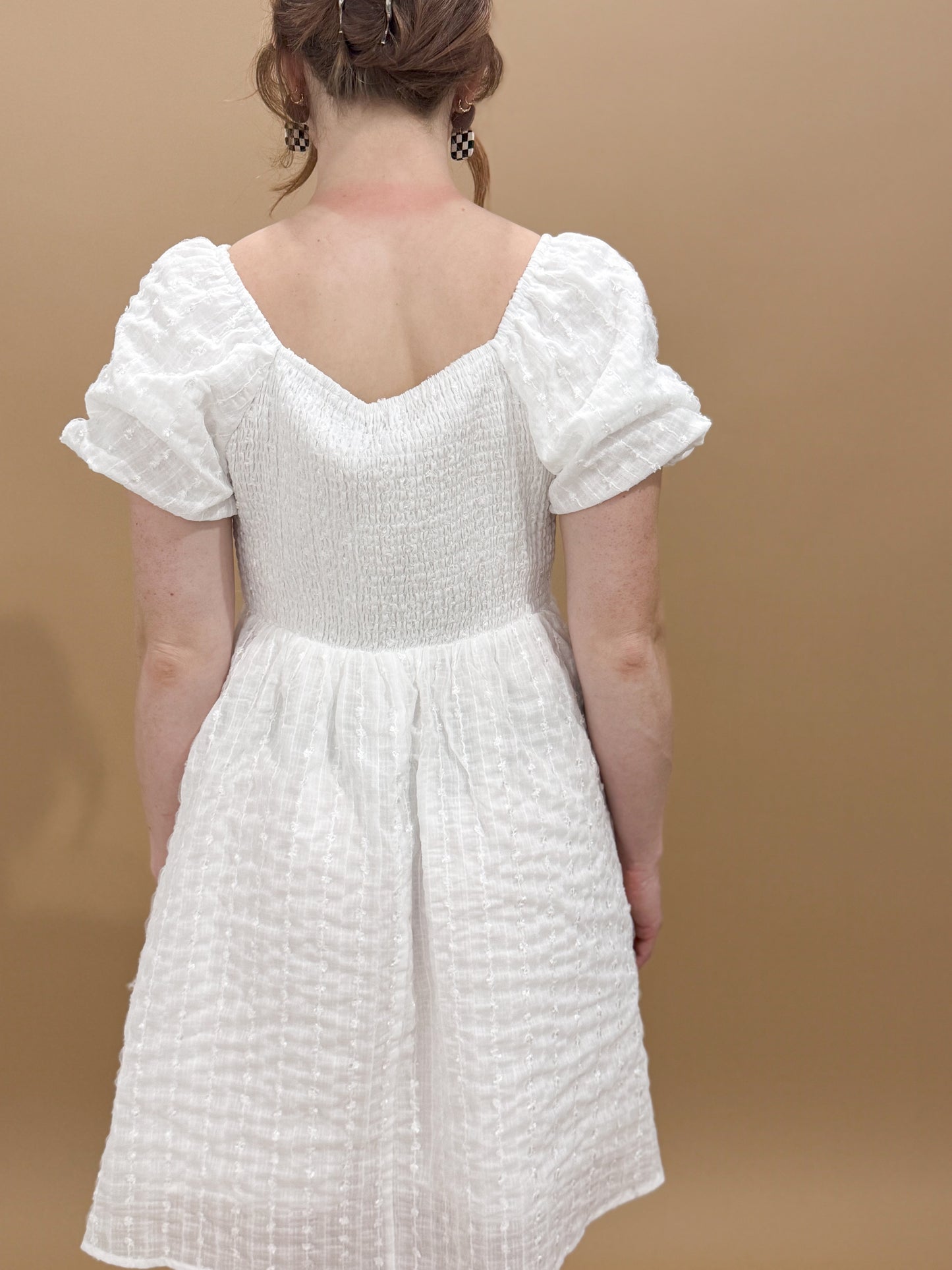 Lila Textured Square Neck Cinched Bust Dress, White