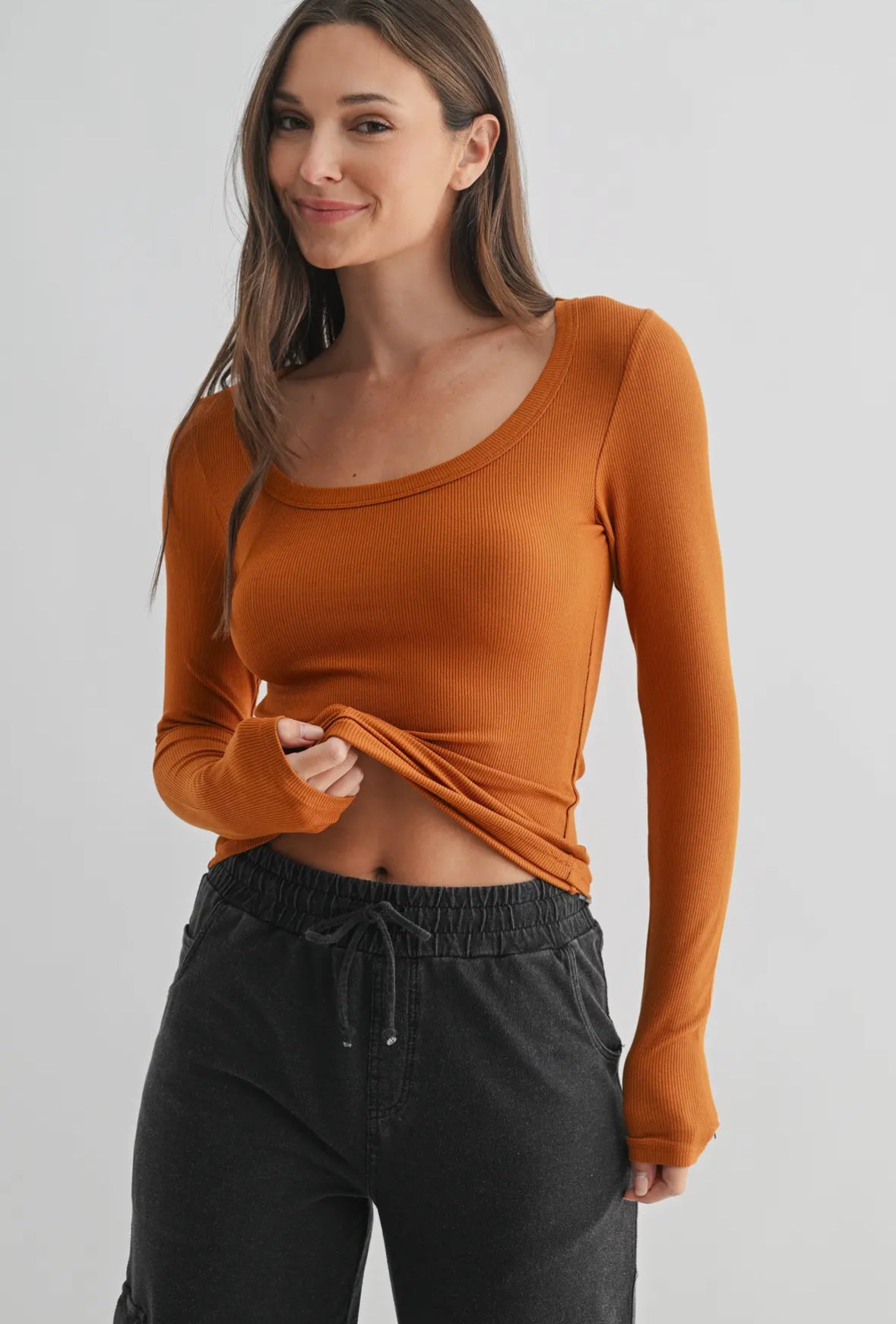Grace Slim Fit Micro-rib Scoop Neck Long Sleeve, Burnt Amber