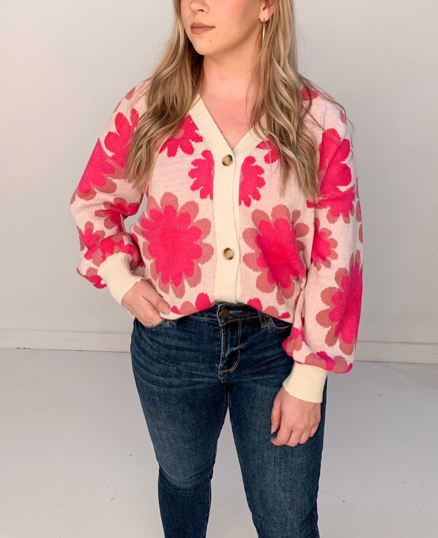 Groovy Button Up Floral Cardigan, Pink