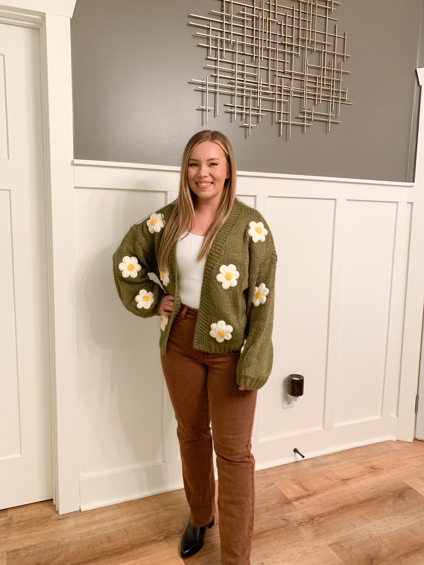 Olli Knit Bubble Sleeve Floral Cardigan, Olive