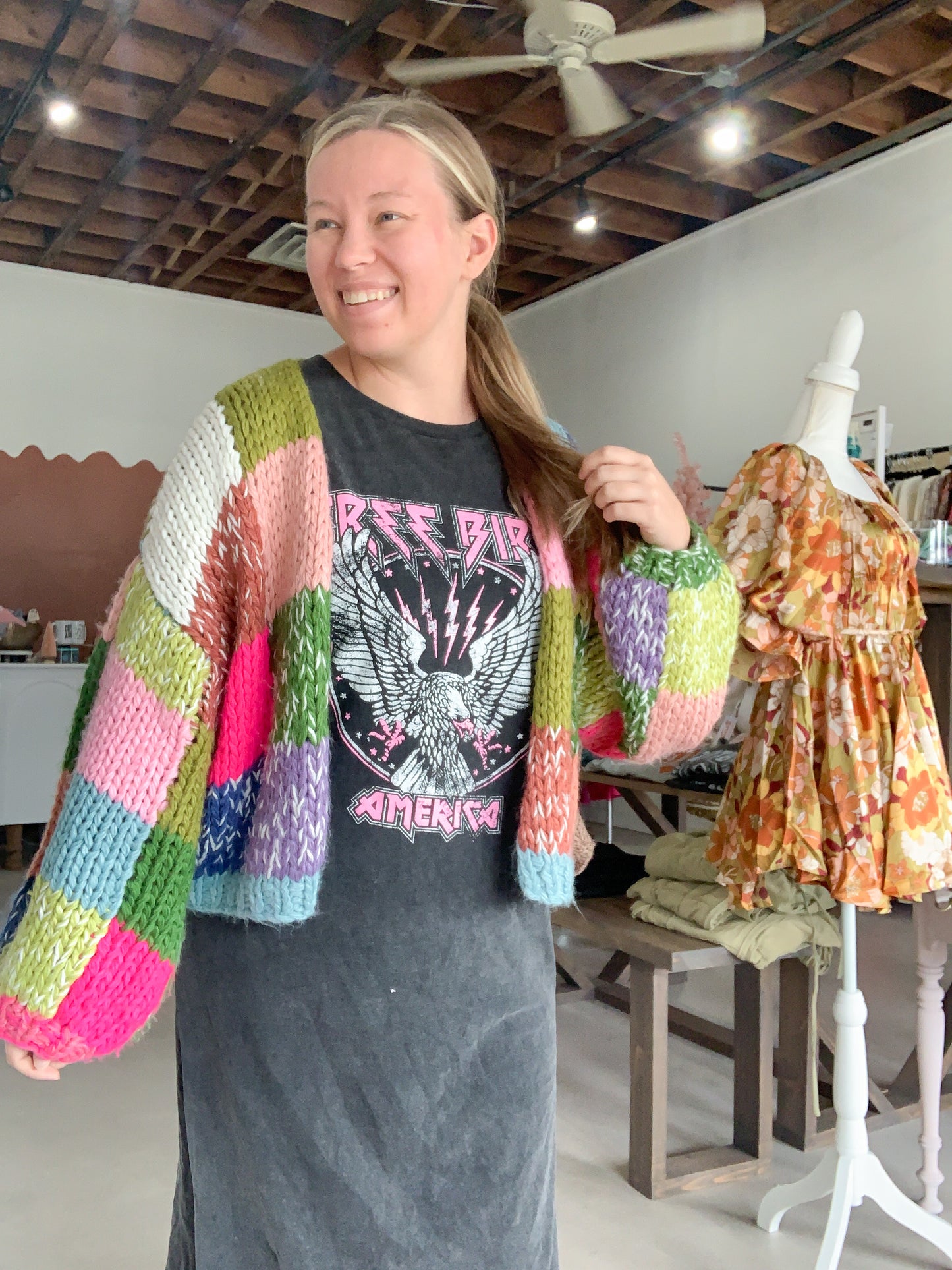 Tate Hand Crochet Chunky Cardigan, Green Multi