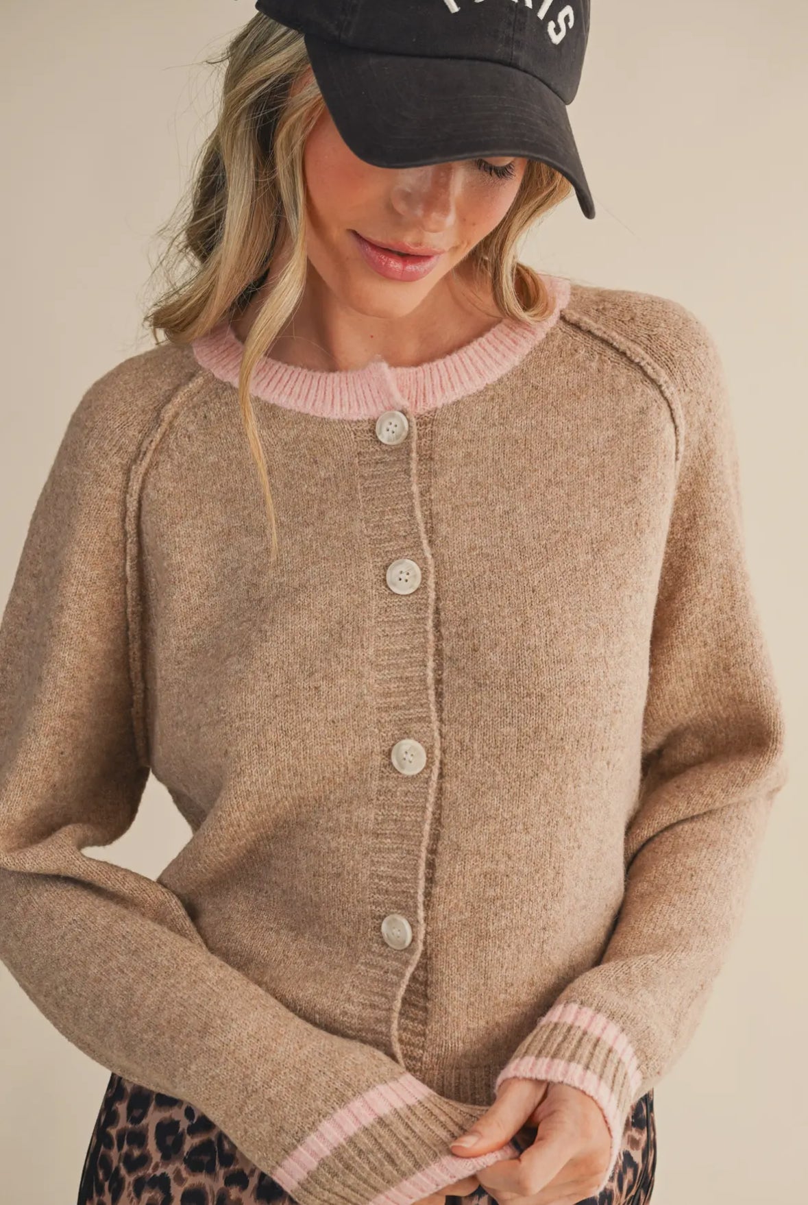 Crissi Two Tone Sweater Cardigan, Beige / Pink