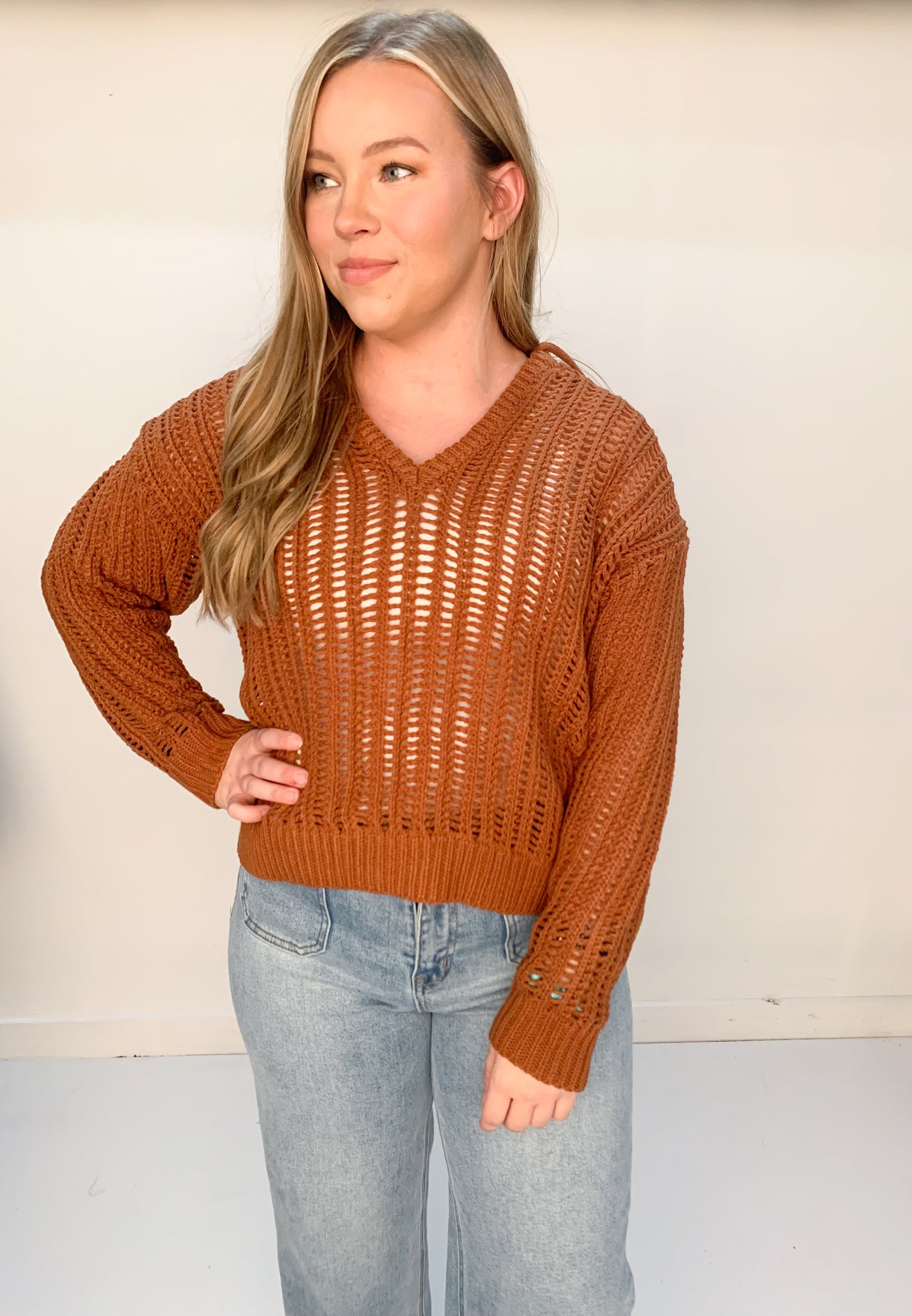 Tymber Open Knit Hooded Sweater, Brick