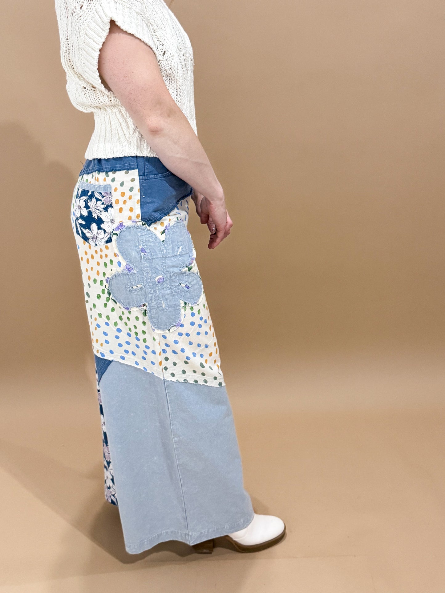 Anika Flower Patch Mixed Print Woven Wide Leg Pants, Denim