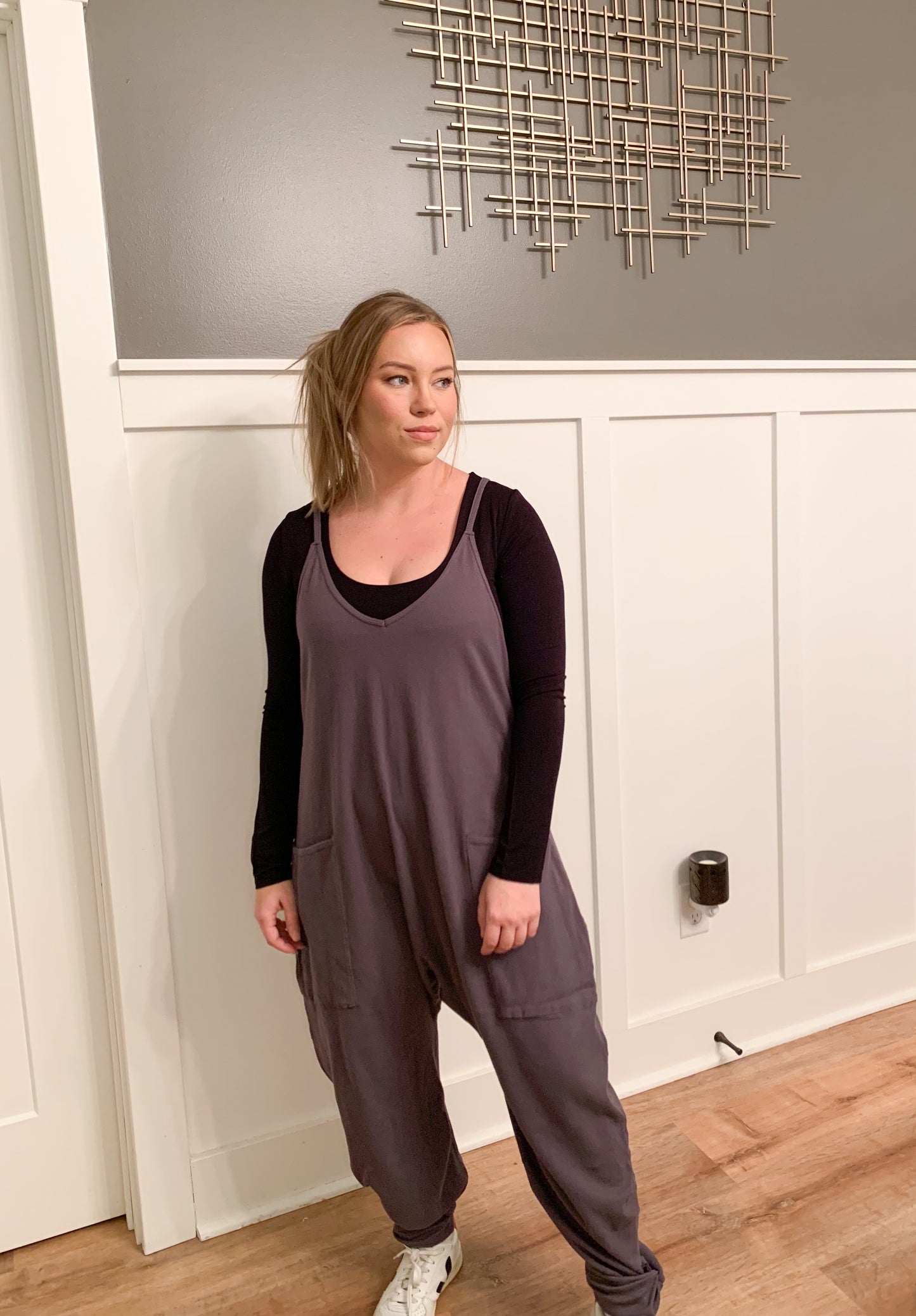 Lillian Ribbed Drop Crotch Jumpsuit, Charcoal