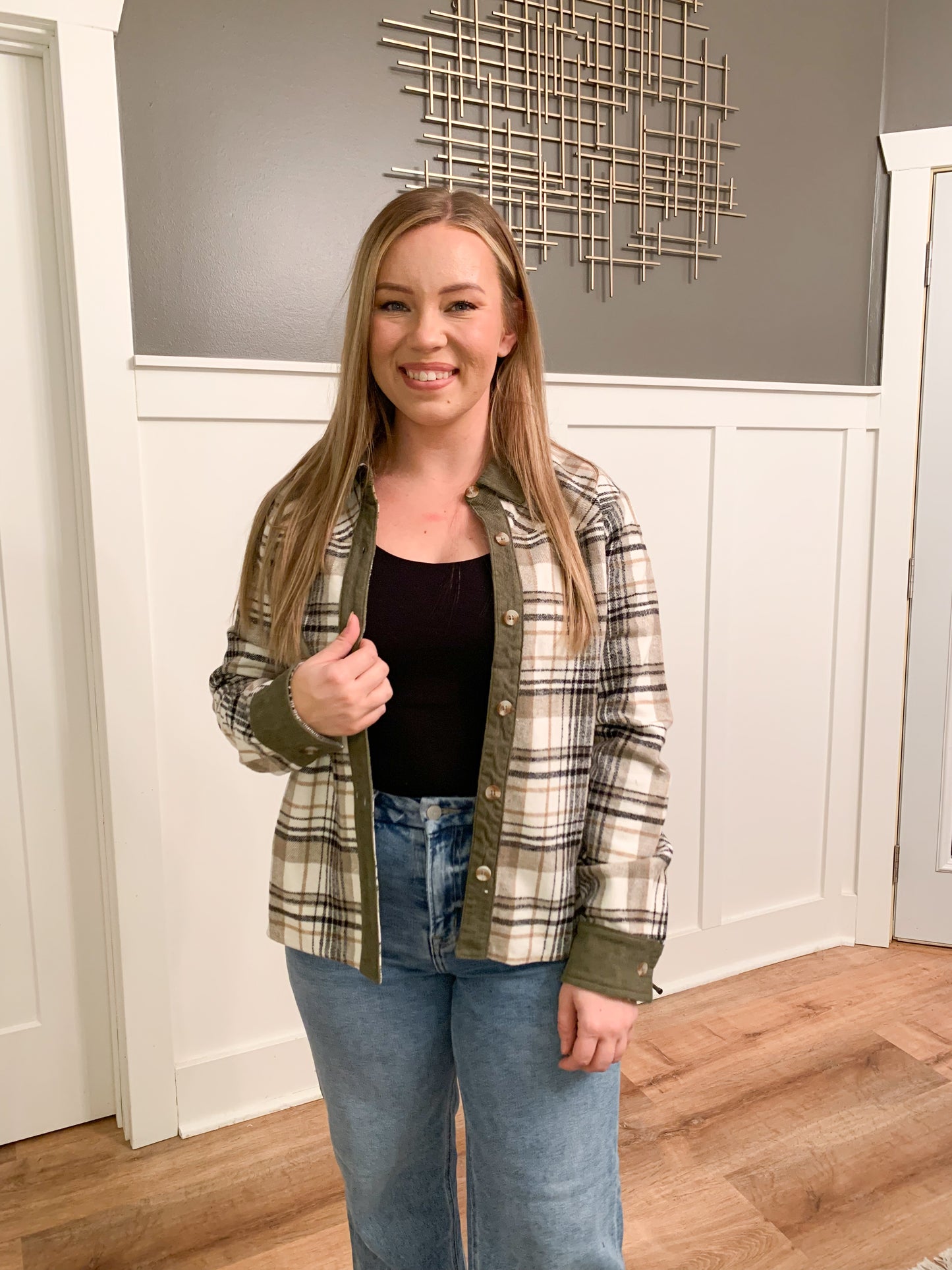 Marley Brushed Plaid Crop Shacket, Taupe/Olive