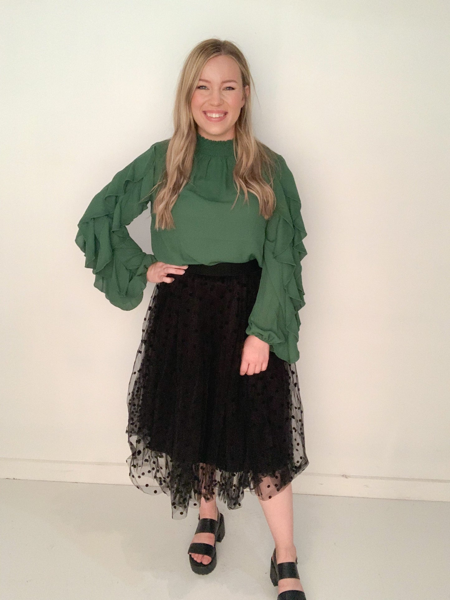 Yulee Polka Dot Layered Tulle Midi Skirt, Black