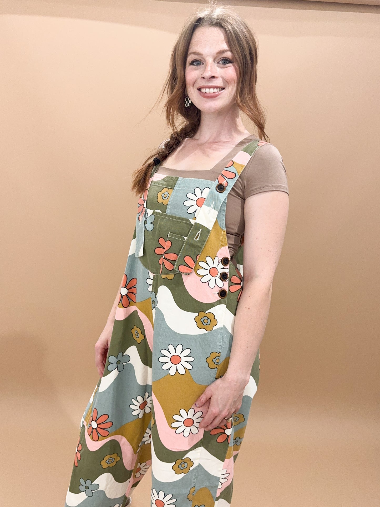 Livi Retro Floral Printed Twill Overalls, Olive / Camel