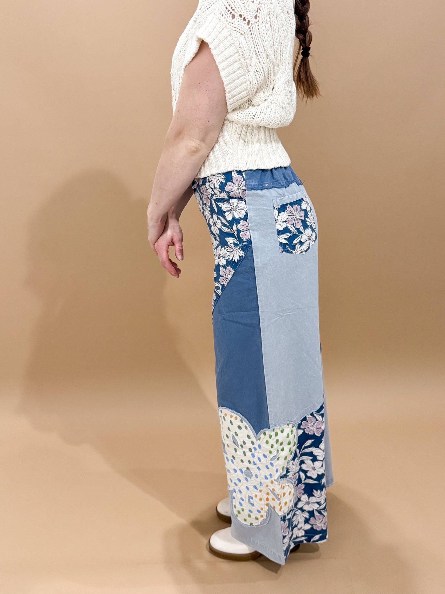 Anika Flower Patch Mixed Print Woven Wide Leg Pants, Denim