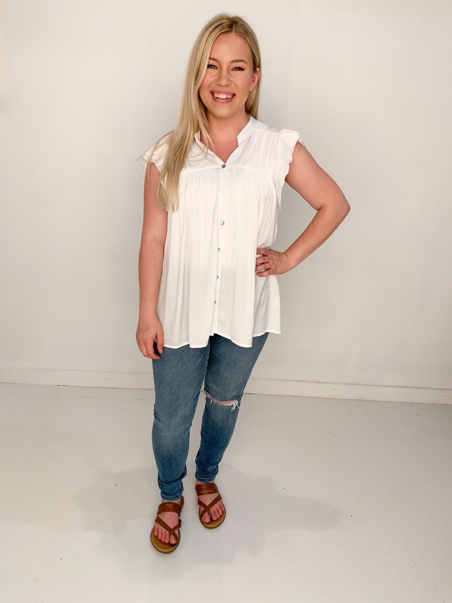 Maria Ruffle Sleeve Button Down Flowy Tunic Top, White