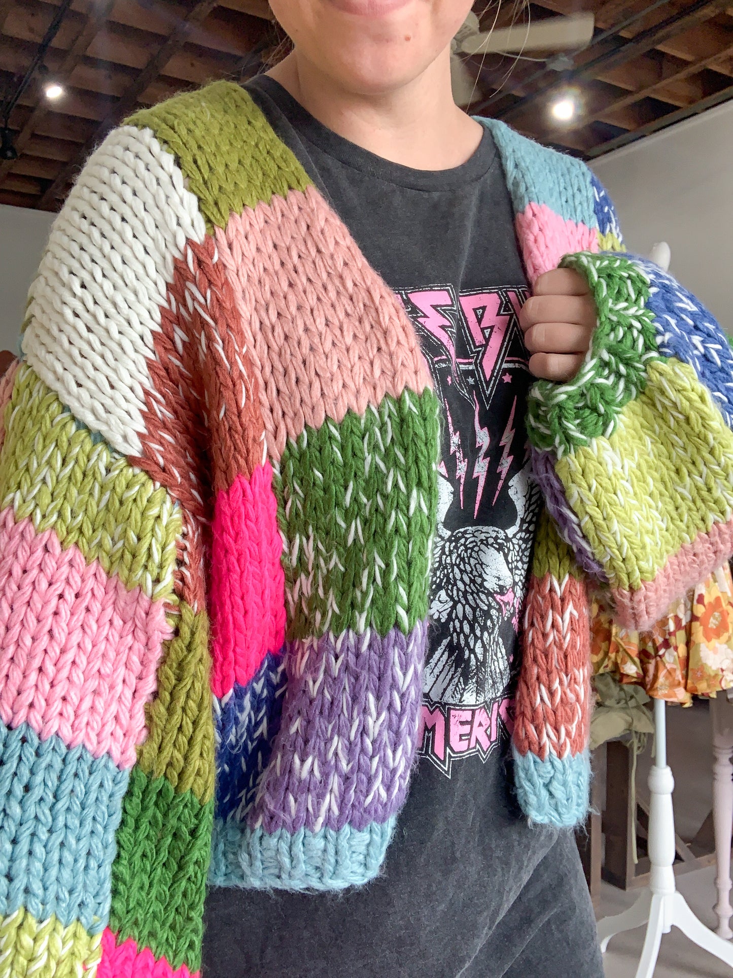 Tate Hand Crochet Chunky Cardigan, Green Multi
