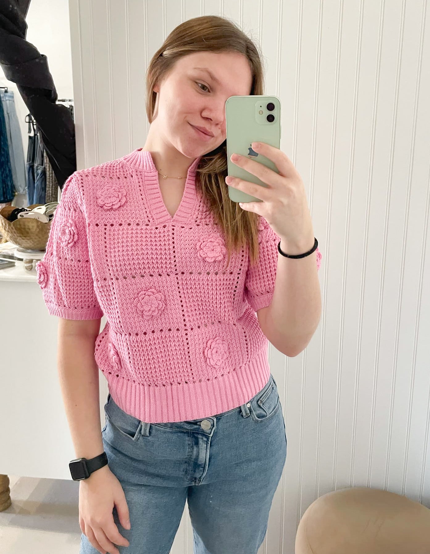 Meredith Floral Crochet Top, Pink