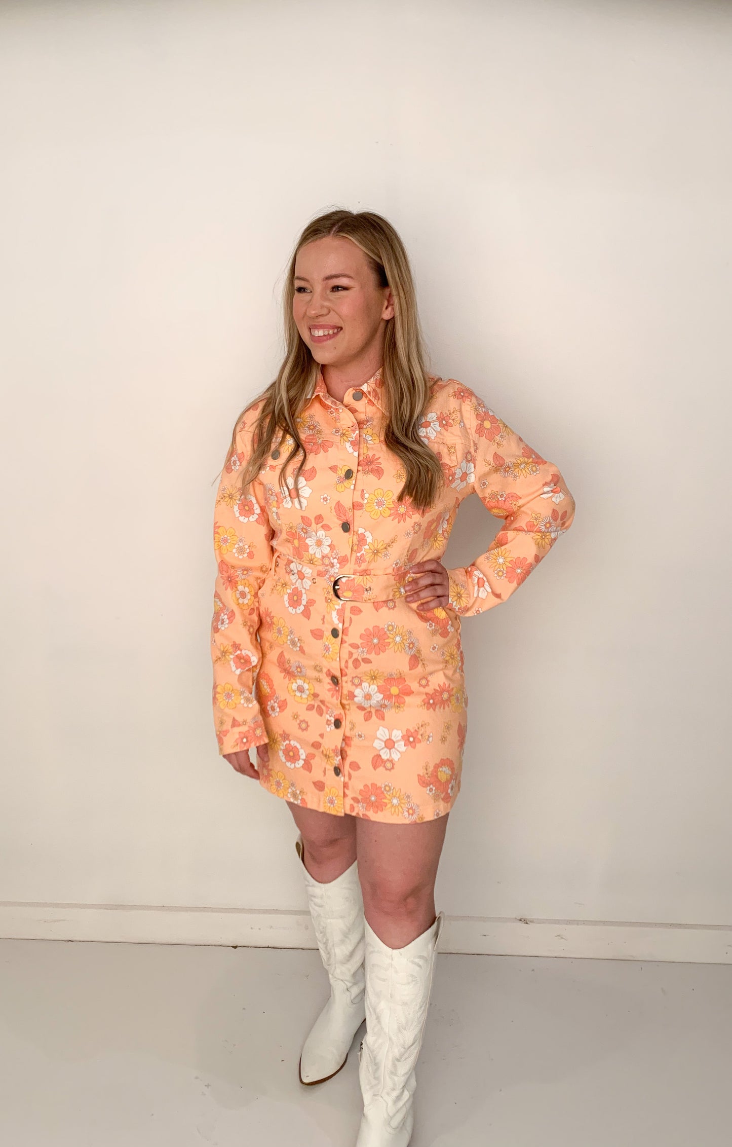 Sam Groovy Floral Print Button Up Mini Dress with Belt, Orange Multi