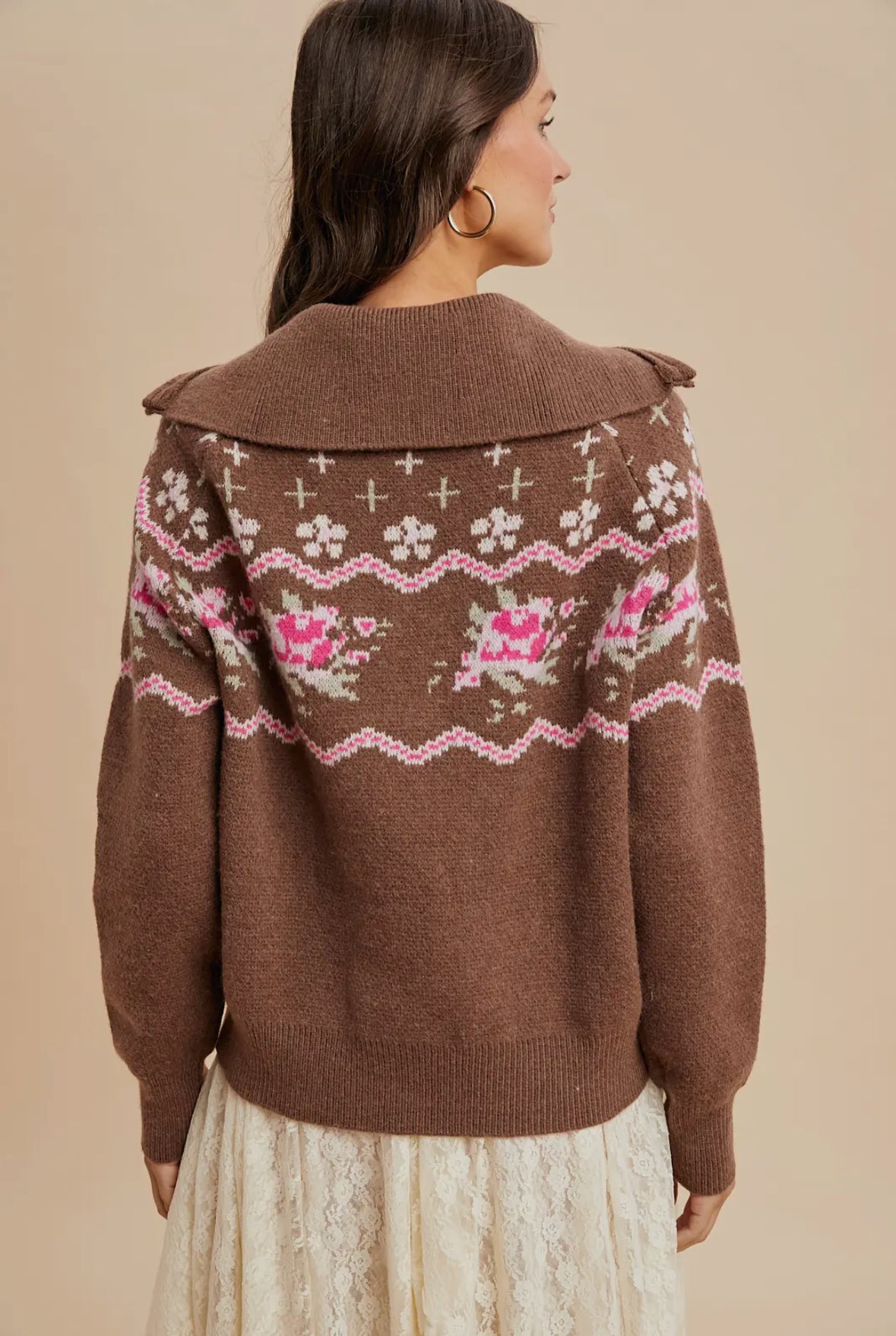 Gretta Floral Knitted Half Zip Pullover, Chestnut