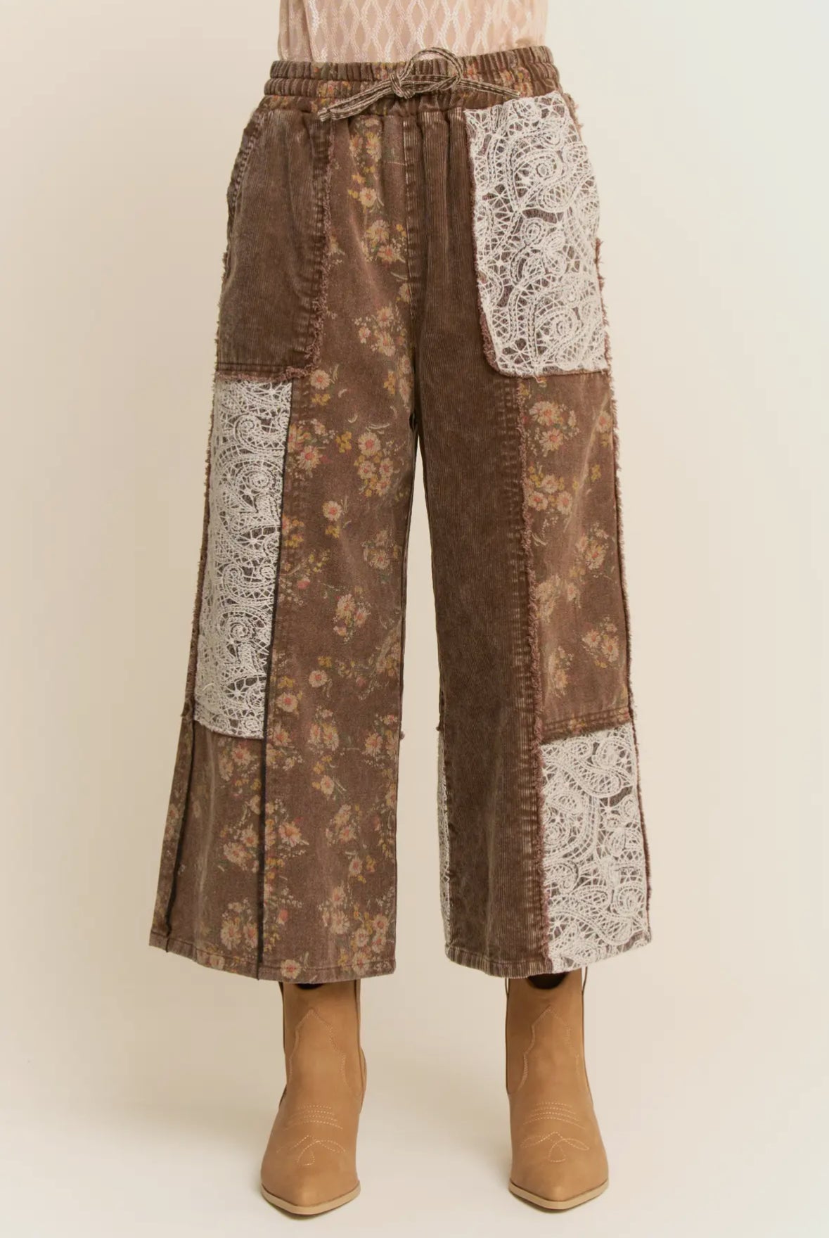 Bennie Floral Wide Leg Pants w/ Patchwork, Brown