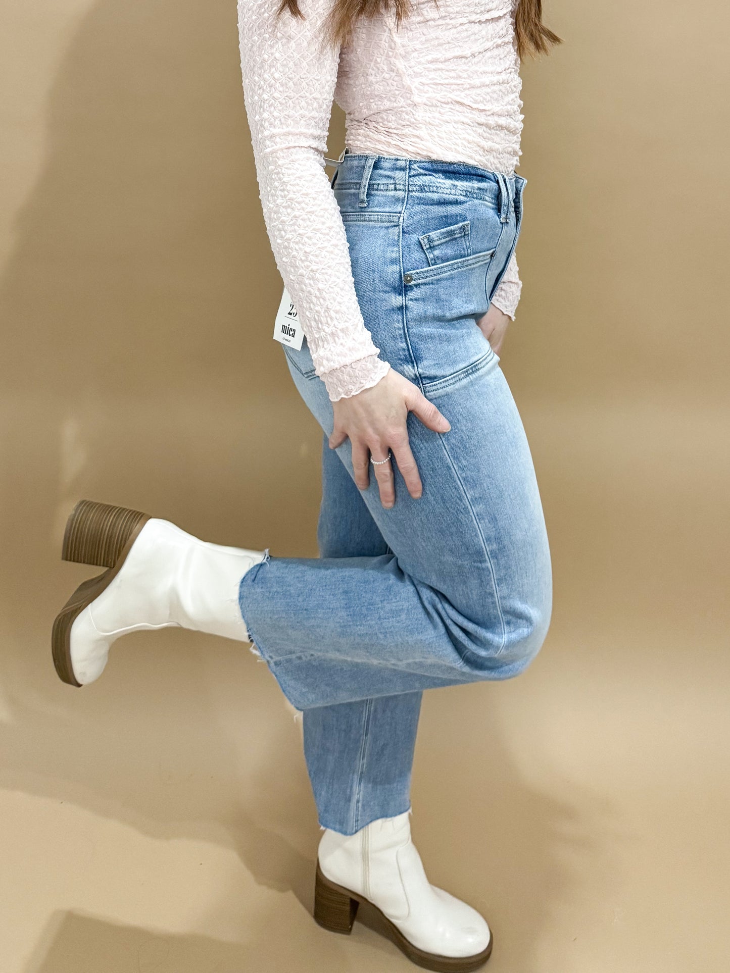 Eliza Super High Rise Wide Leg Crop w/ Square Front Pockets, Mica Denim