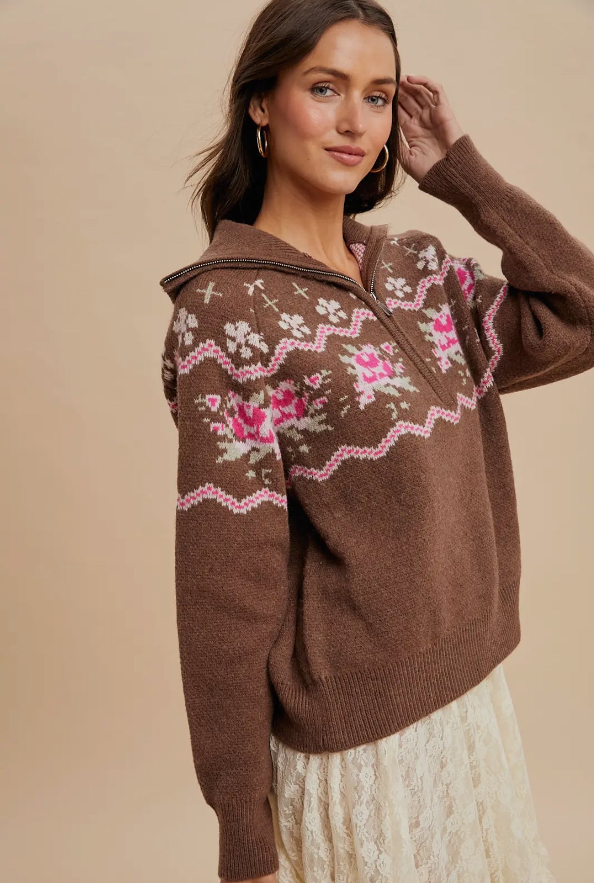 Gretta Floral Knitted Half Zip Pullover, Chestnut