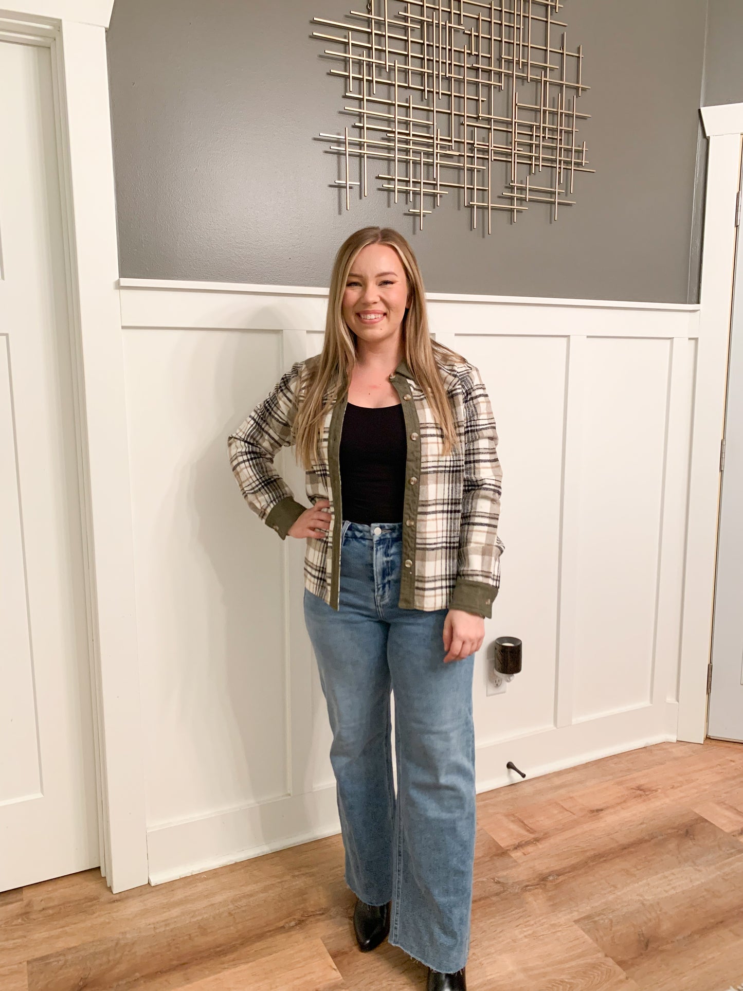 Marley Brushed Plaid Crop Shacket, Taupe/Olive